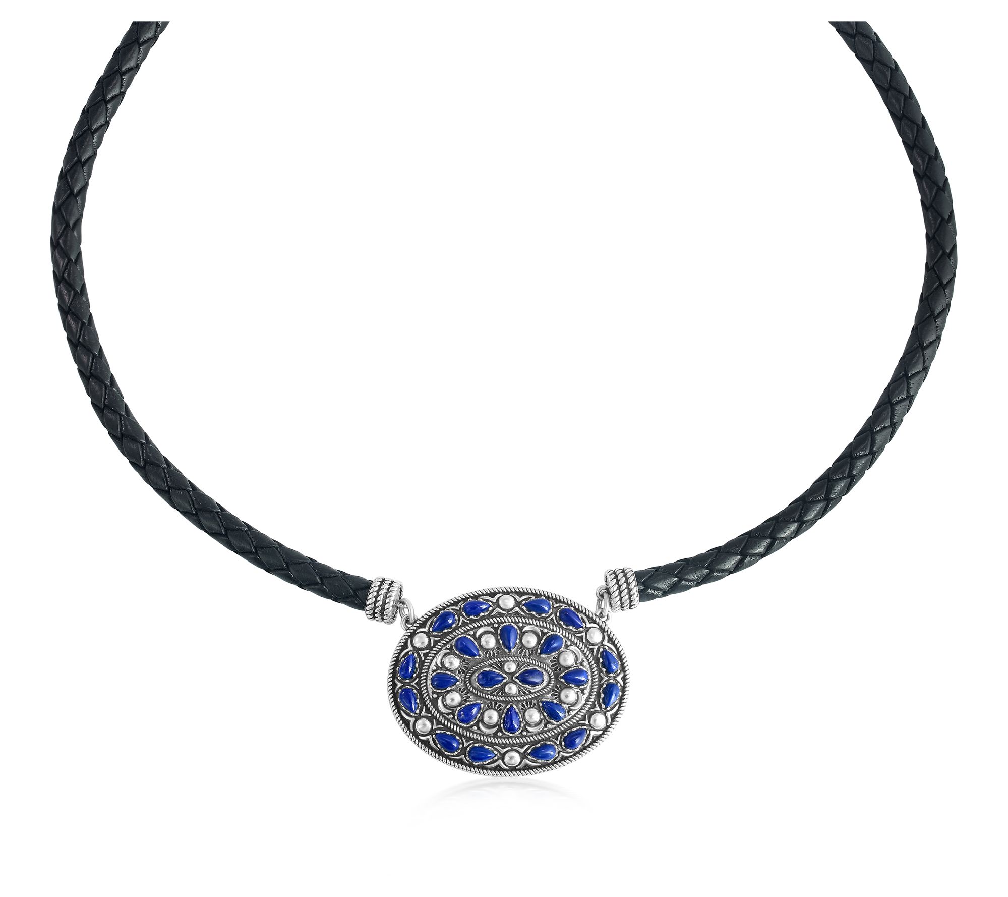 American West Sterling Oval Gemstone Leather Necklace