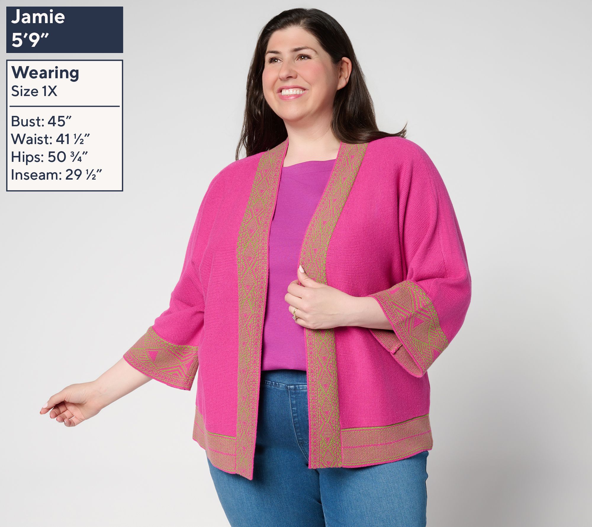 Belle Boho by Kim Gravel Border Trim Open Front Cardigan