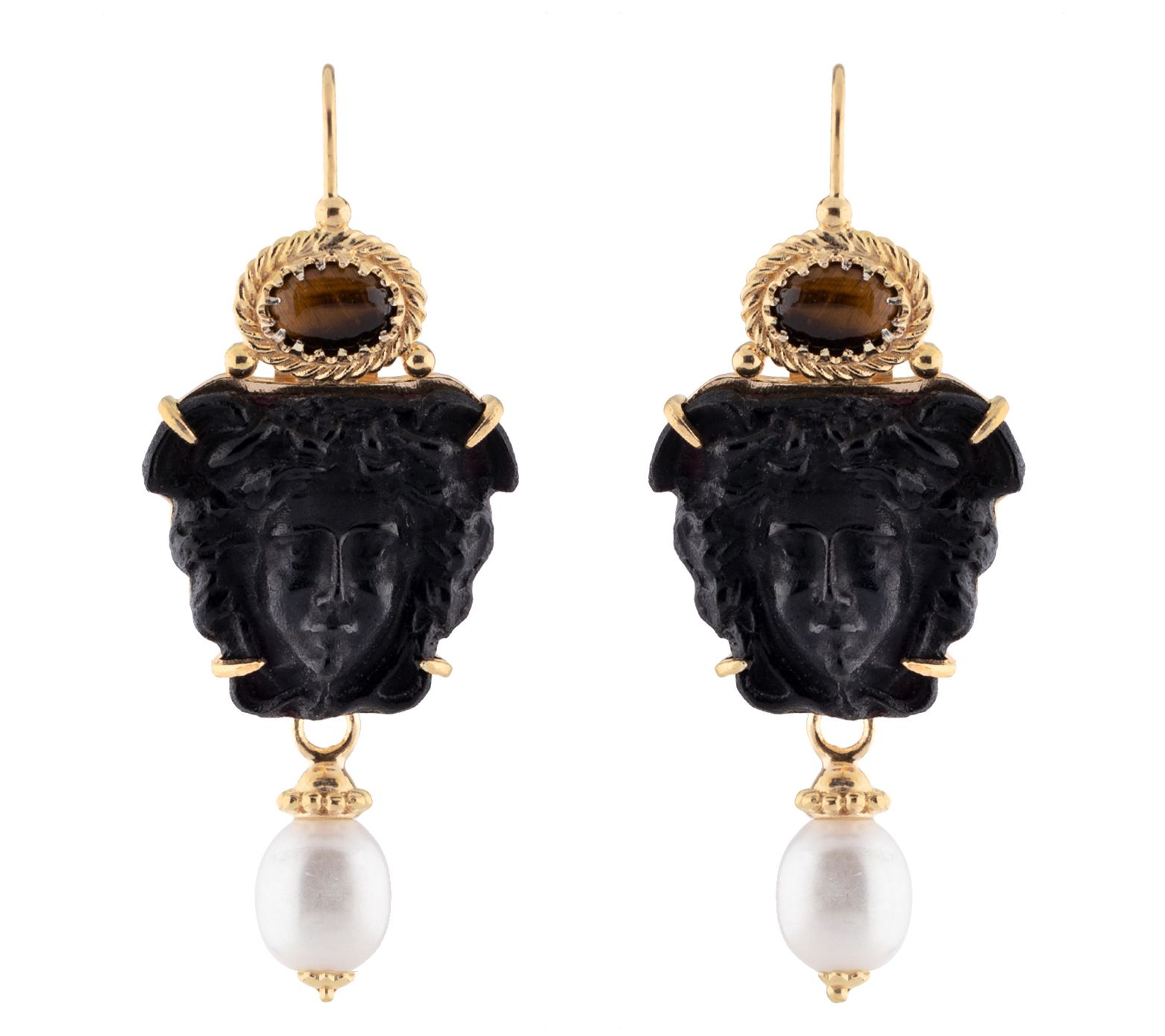 18K Gold Plated Sterling Venetian Cameo Medusa Earrings