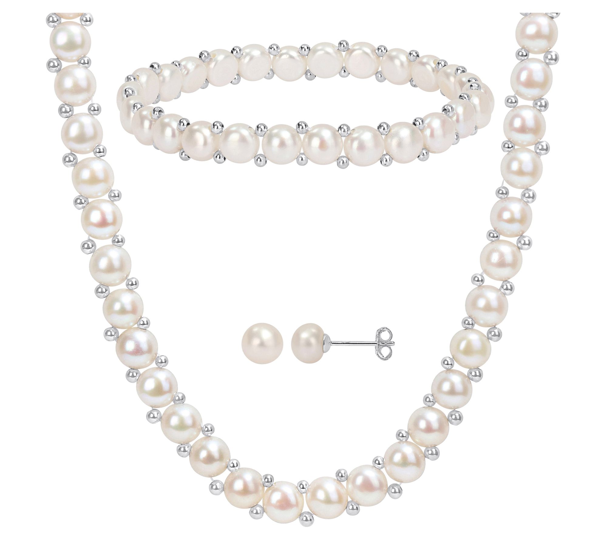 Affinity Cultured Pearl Earring, Necklace & Braelet, Sterling