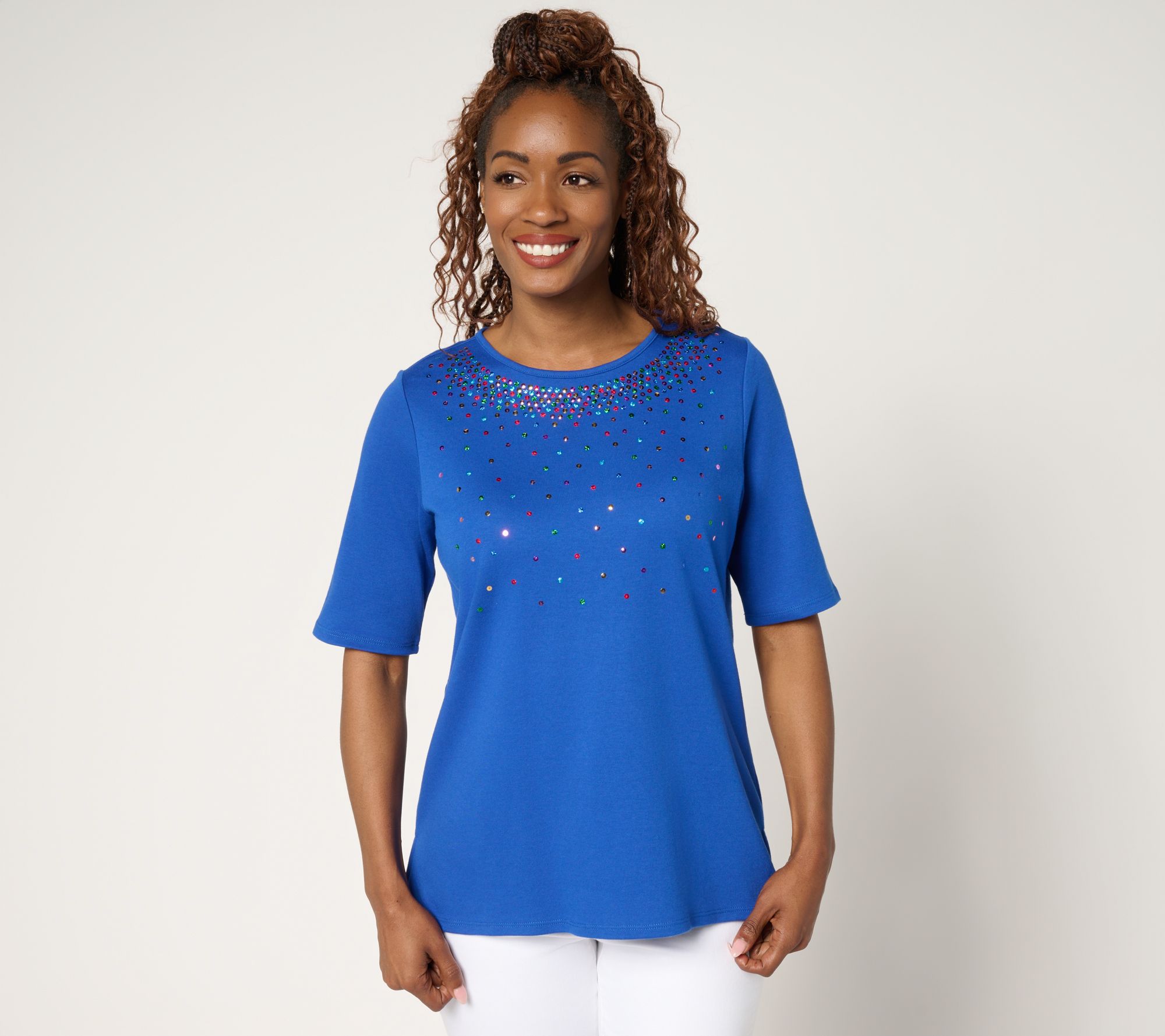 Quacker Factory Color Pop Sequin Elbow Sleeve Top