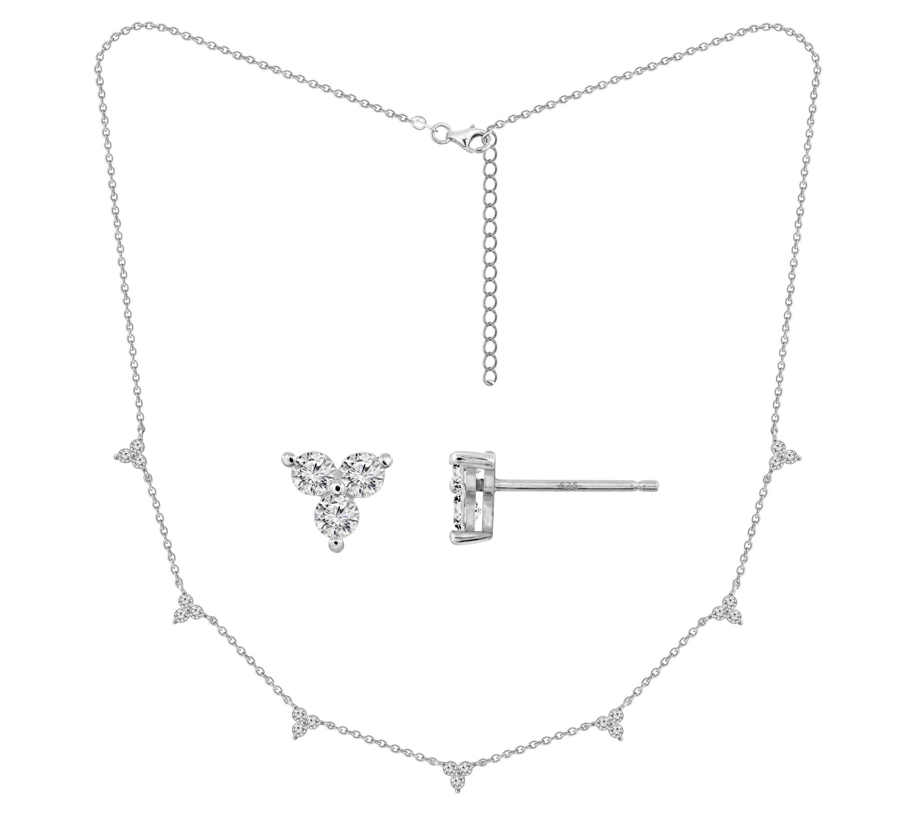 Diamonique Station Necklace & Stud Earrings S e, Sterling