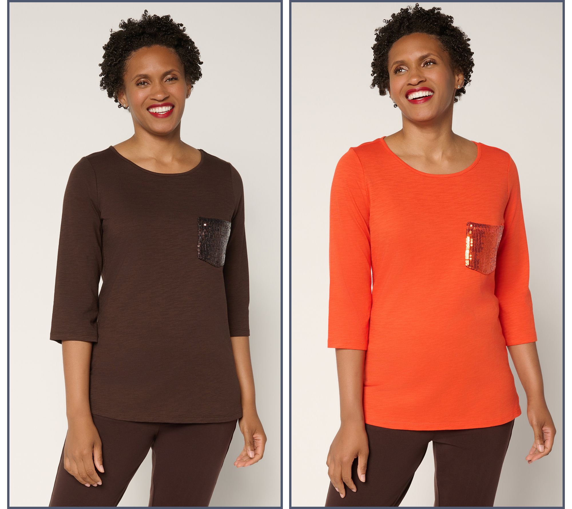 Quacker Factory Set of 2 Sequin Pocket 3/4 Sleeve Tops