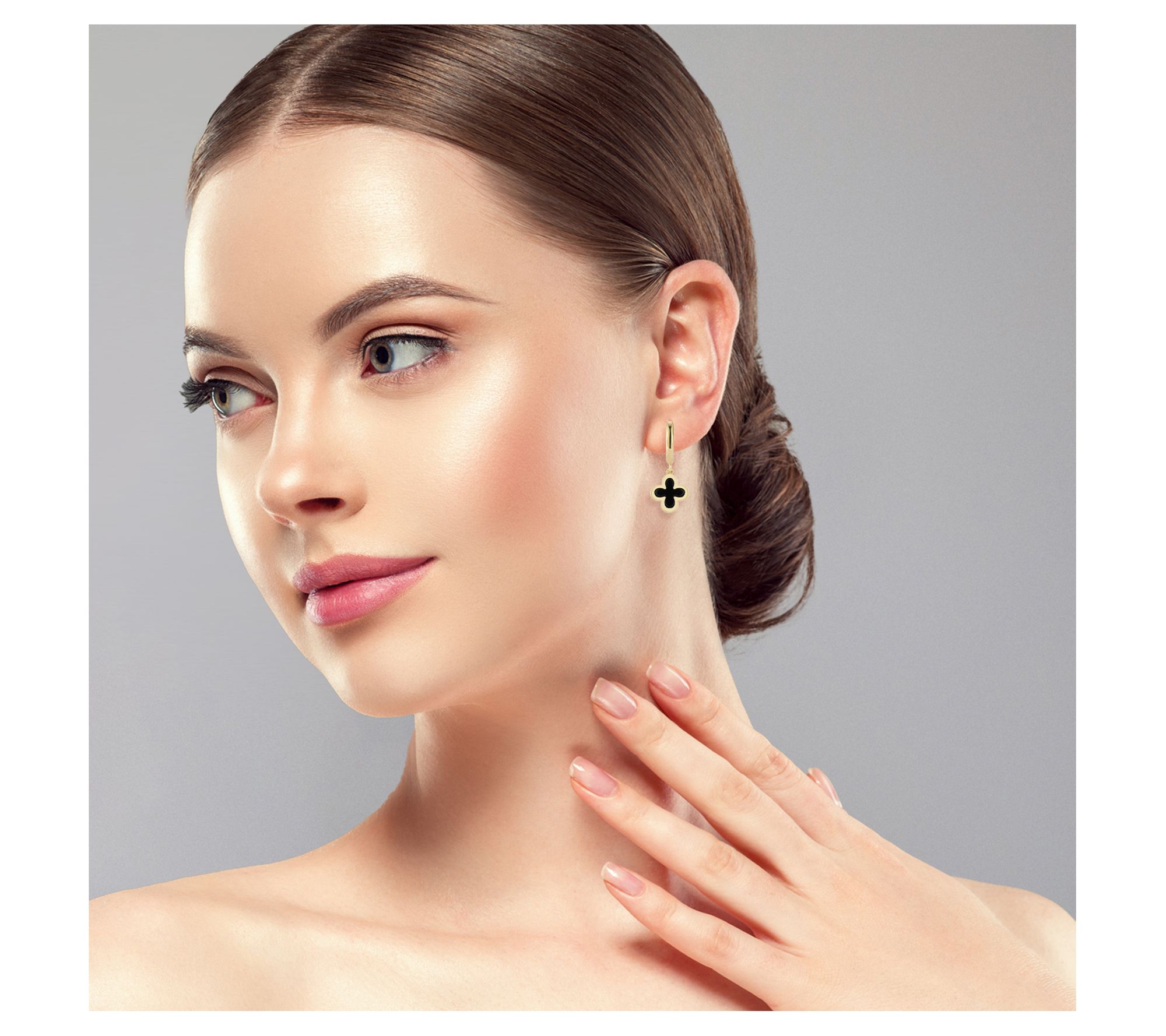 Luminosa Gold Onyx Clover Charm Huggie Hoop Earrings, 14K