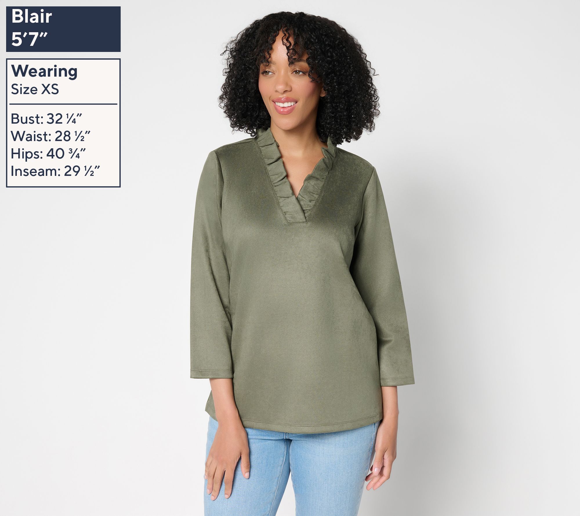 Belle Boho by Kim Gravel PerSuede Me Ruffle Collar V Neck Top