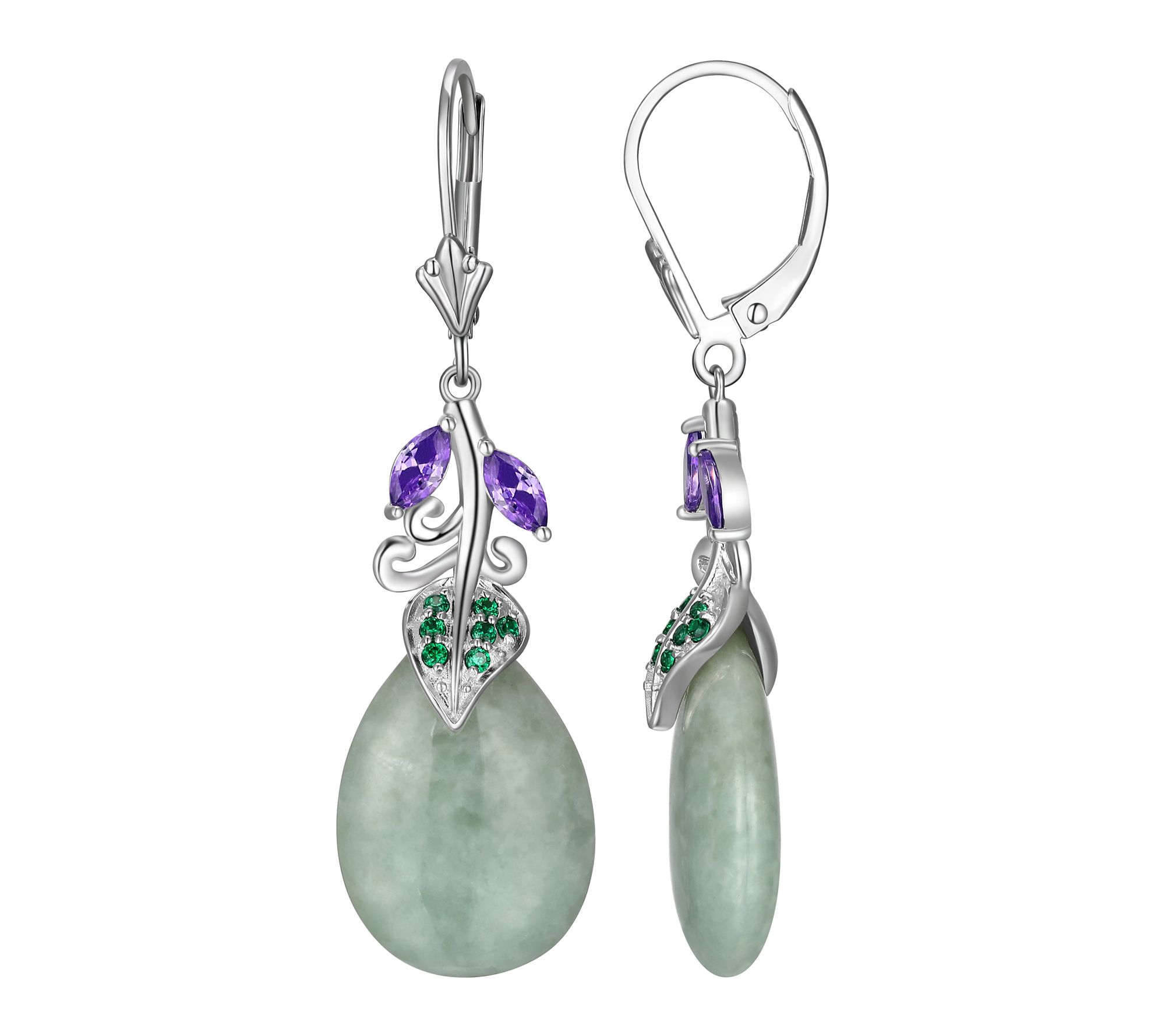 Dynasty Jade & CZ Dangle Leverback Earrings, Sterling Silver