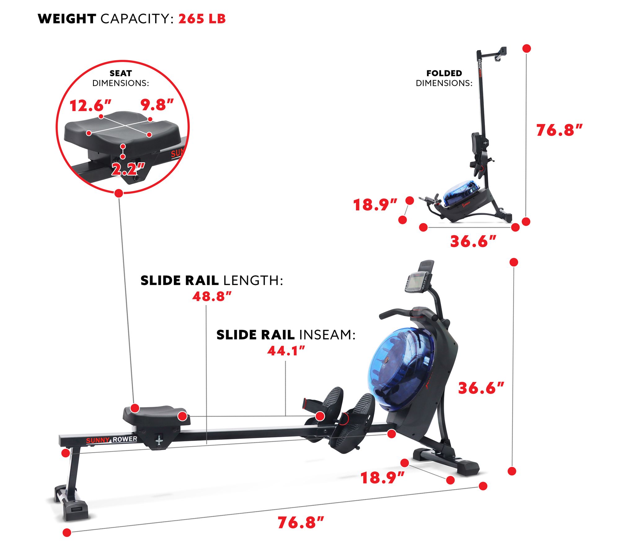 Sunny Health Fitness Smart Magnetic Water Rower