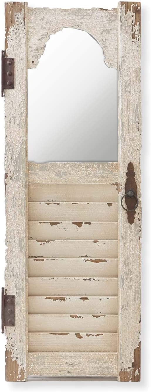 K&K Interiors 13482A 43.5 Inch Distressed White Wood Shutter Panel W/Inset Mirror