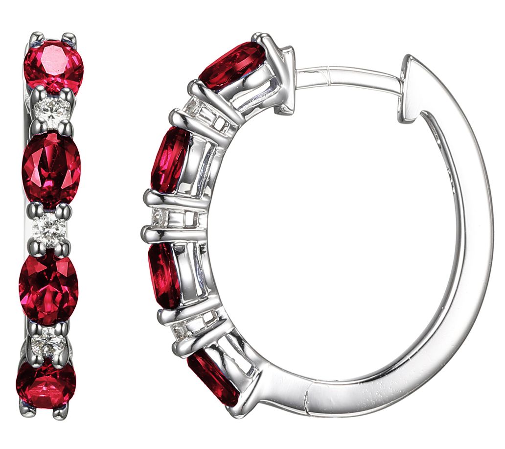 LuxLab Grown Ruby & Diamond Hoop Earrings, Sterling Silver