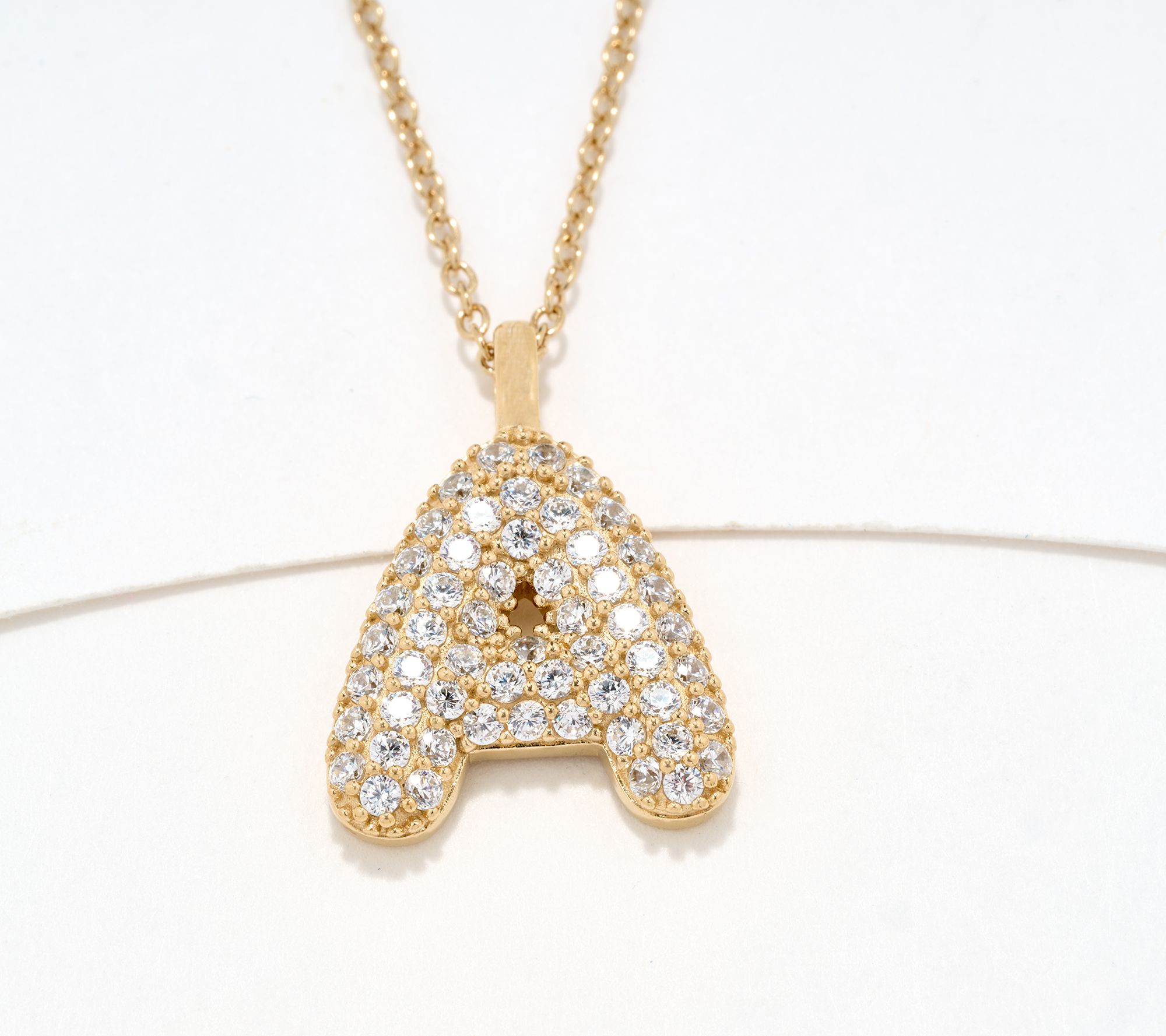 Diamonique Puffy Initial Necklace, 14K Gold Plated