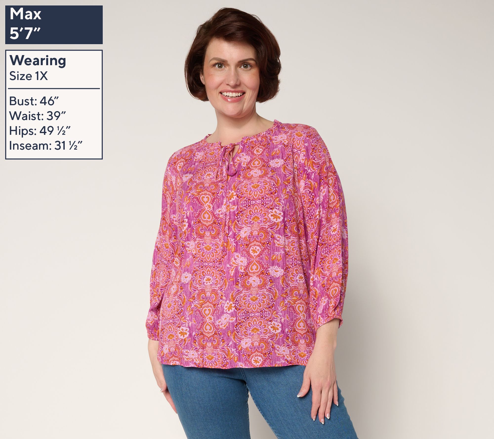 Denim & Co. Printed Bracelet Sleeve Popover Top with Tassels