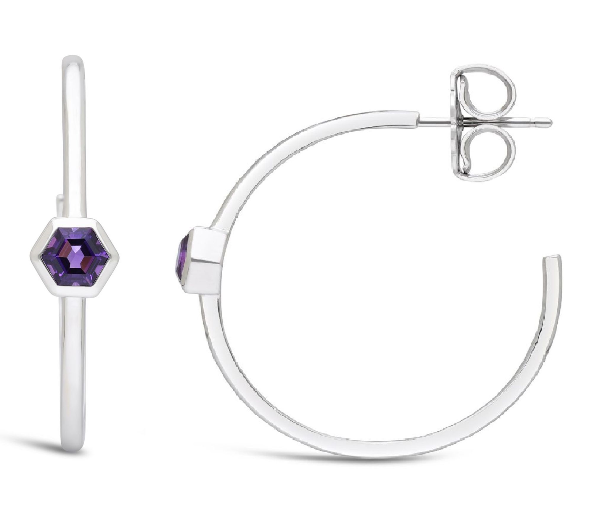 Goddaughters Sterling Silver Hexagon Amethyst Hoop Earrings