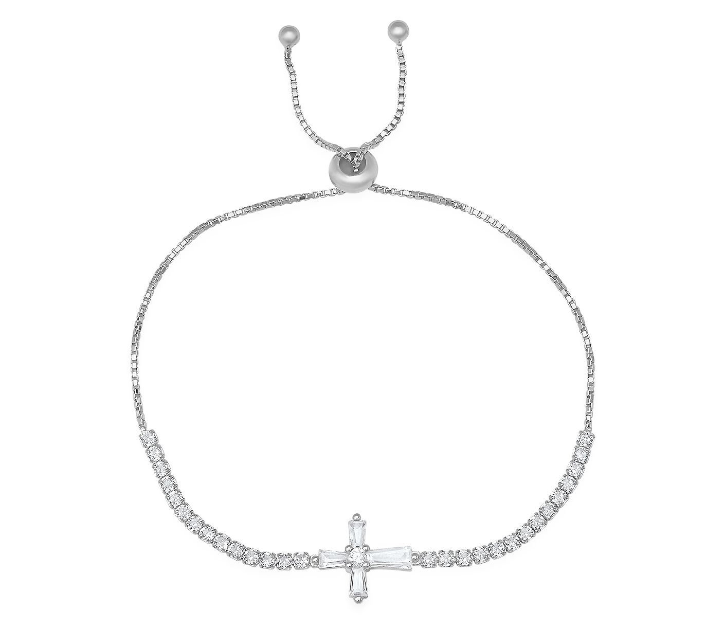 Diamonique Baguette Cut Cross Adjustable Bracelet, Sterling