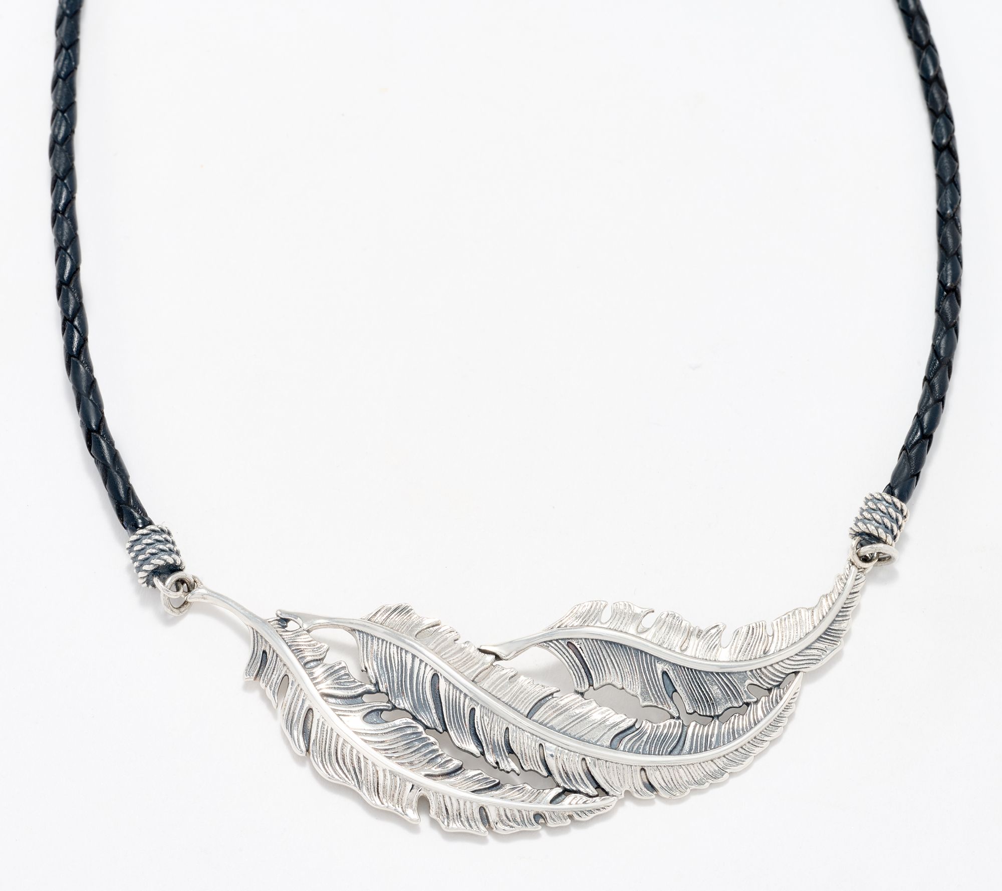American West Sterling Silver Braided Leather Feather Necklace