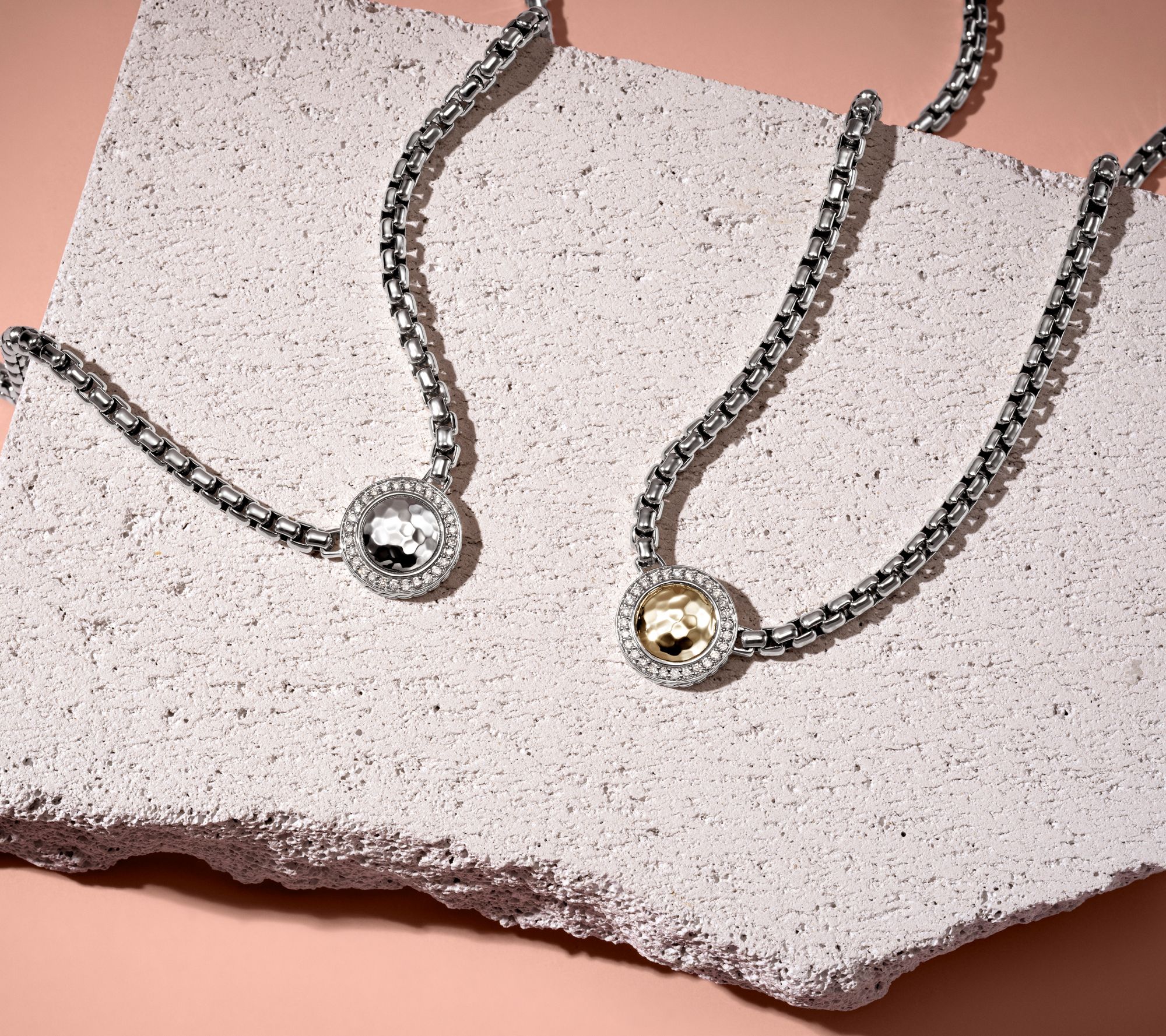 JAI Sterling Silver Hammered Disk & Diamond Box Chain Necklace