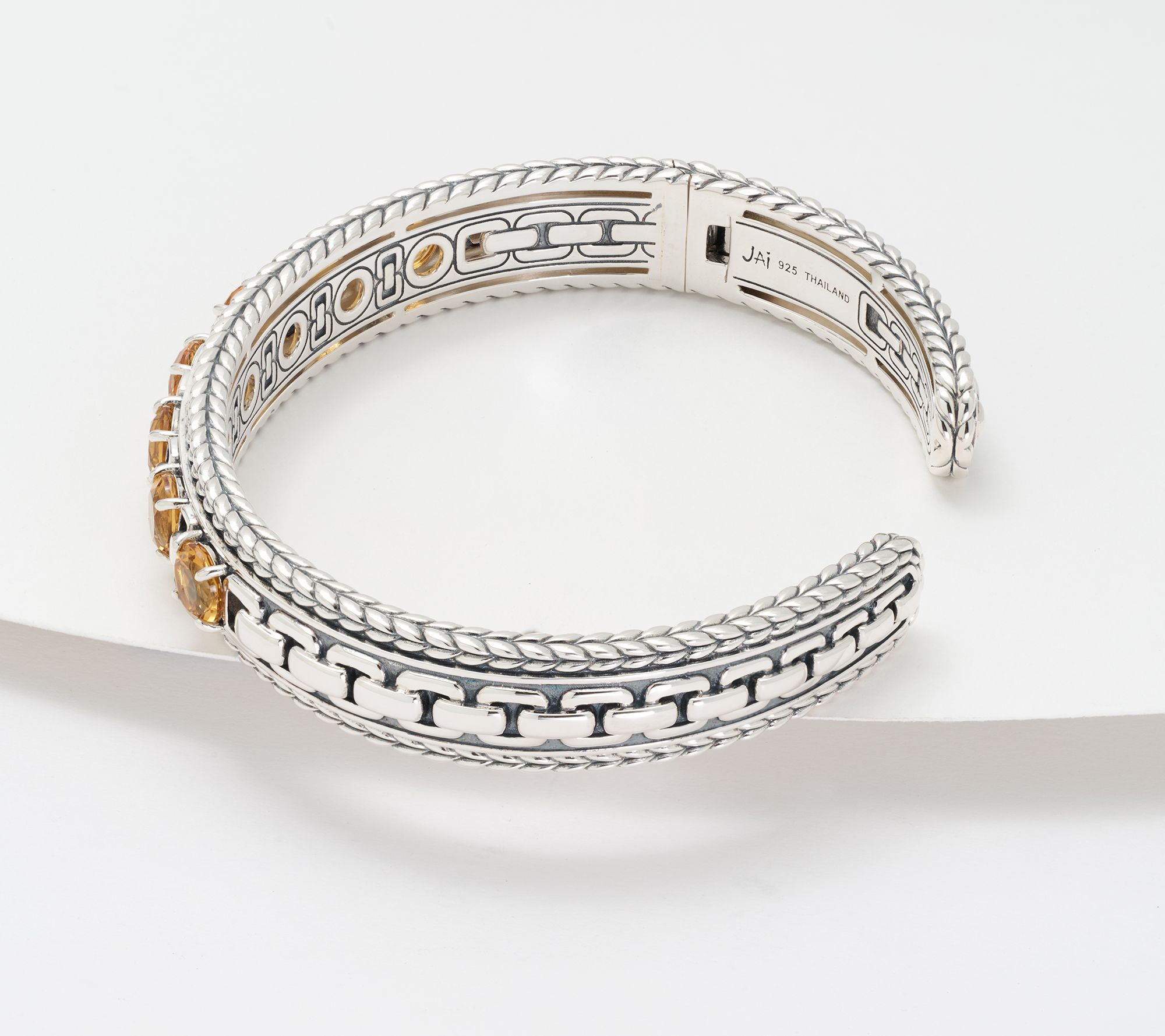 JAI Sterling Silver Round Gemstone Box Chain Cuff Bracelet