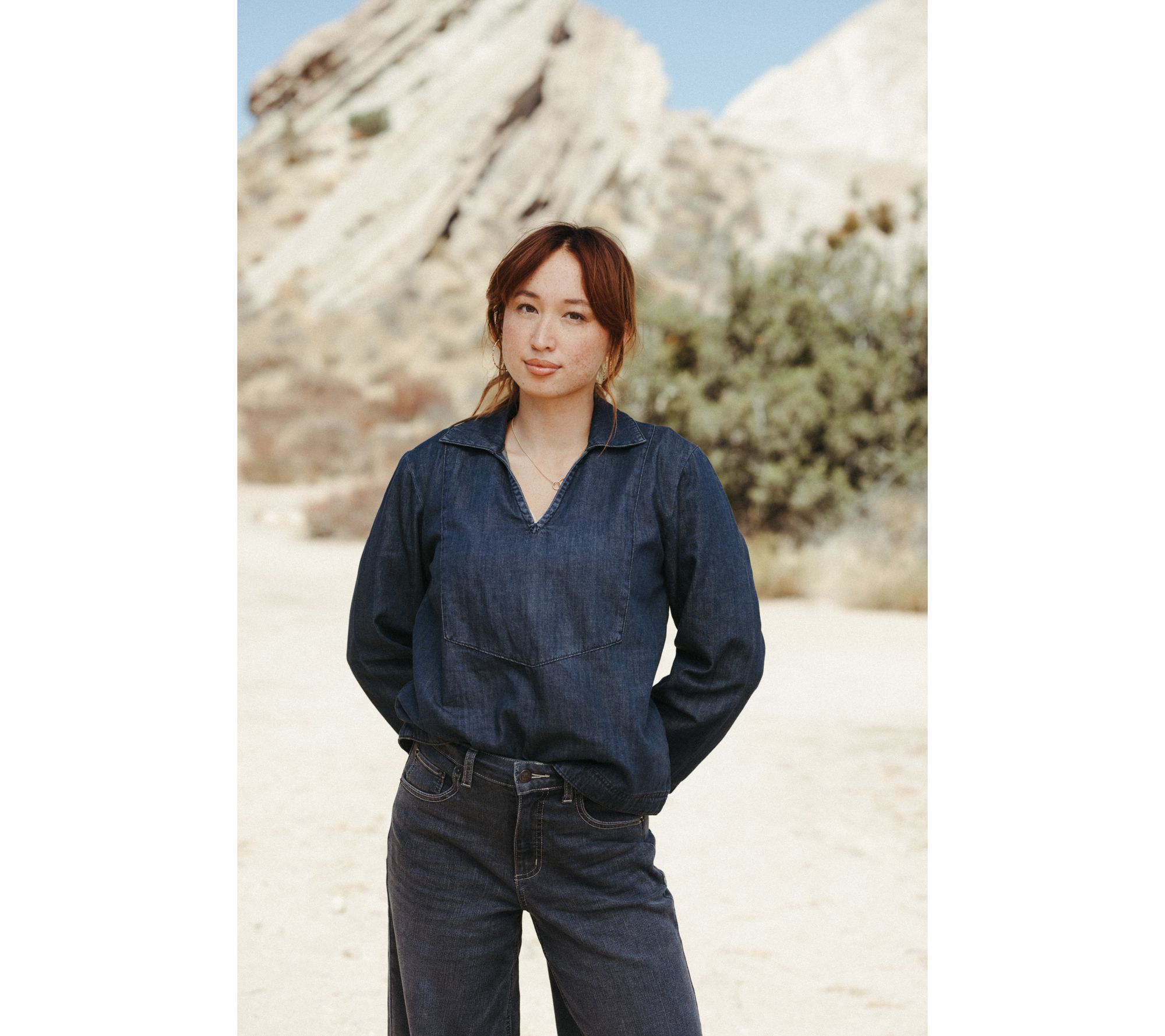 Me by Jennie Garth Eden Drapey Denim Popover Blouse