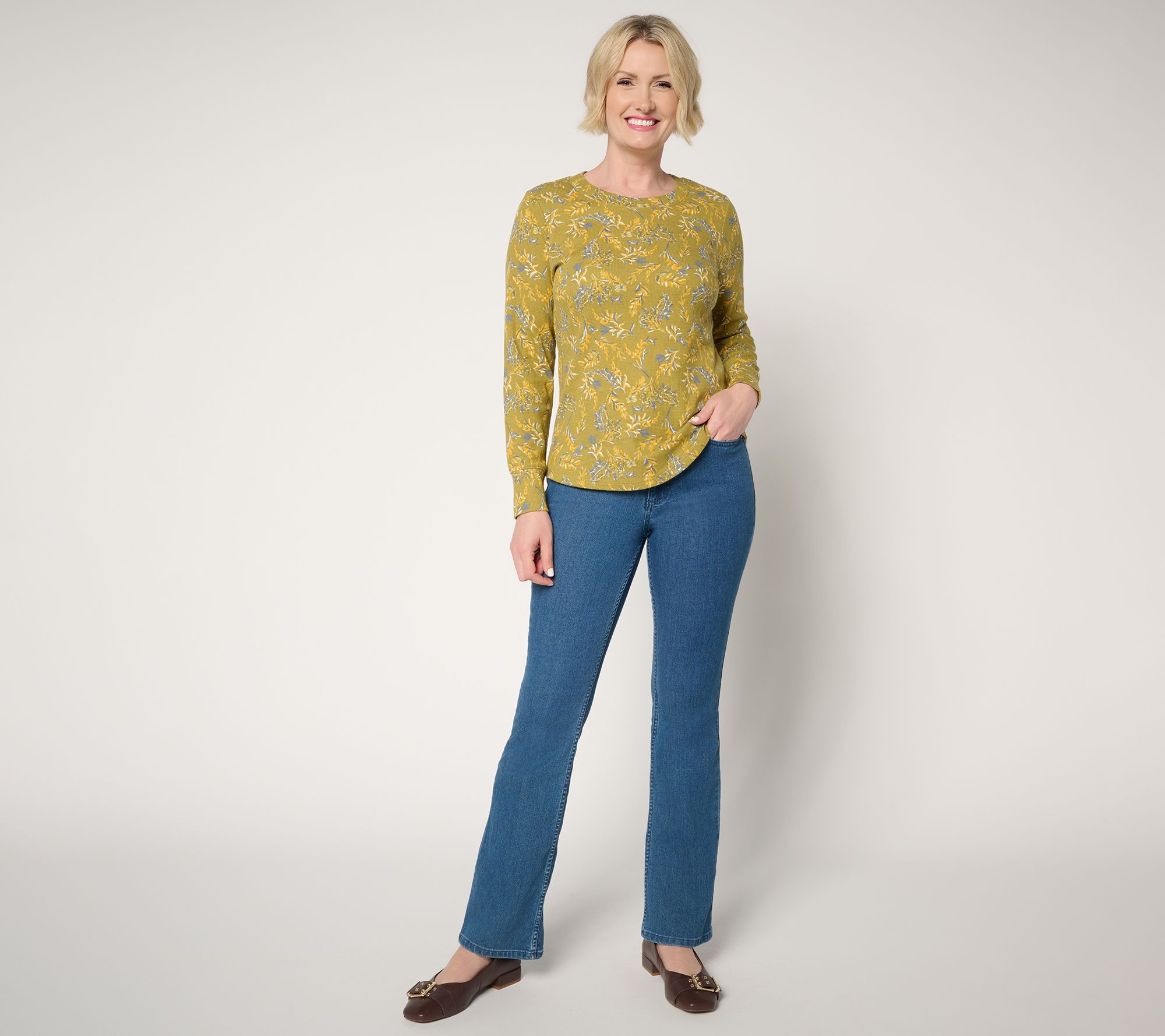 Denim & Co. Printed Floral Waffle Knit Round Neck Top