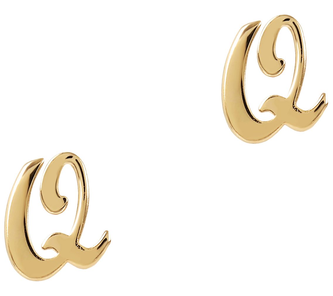 Italian Silver Polished Initial Stud Earrings,8K Gold-Plated