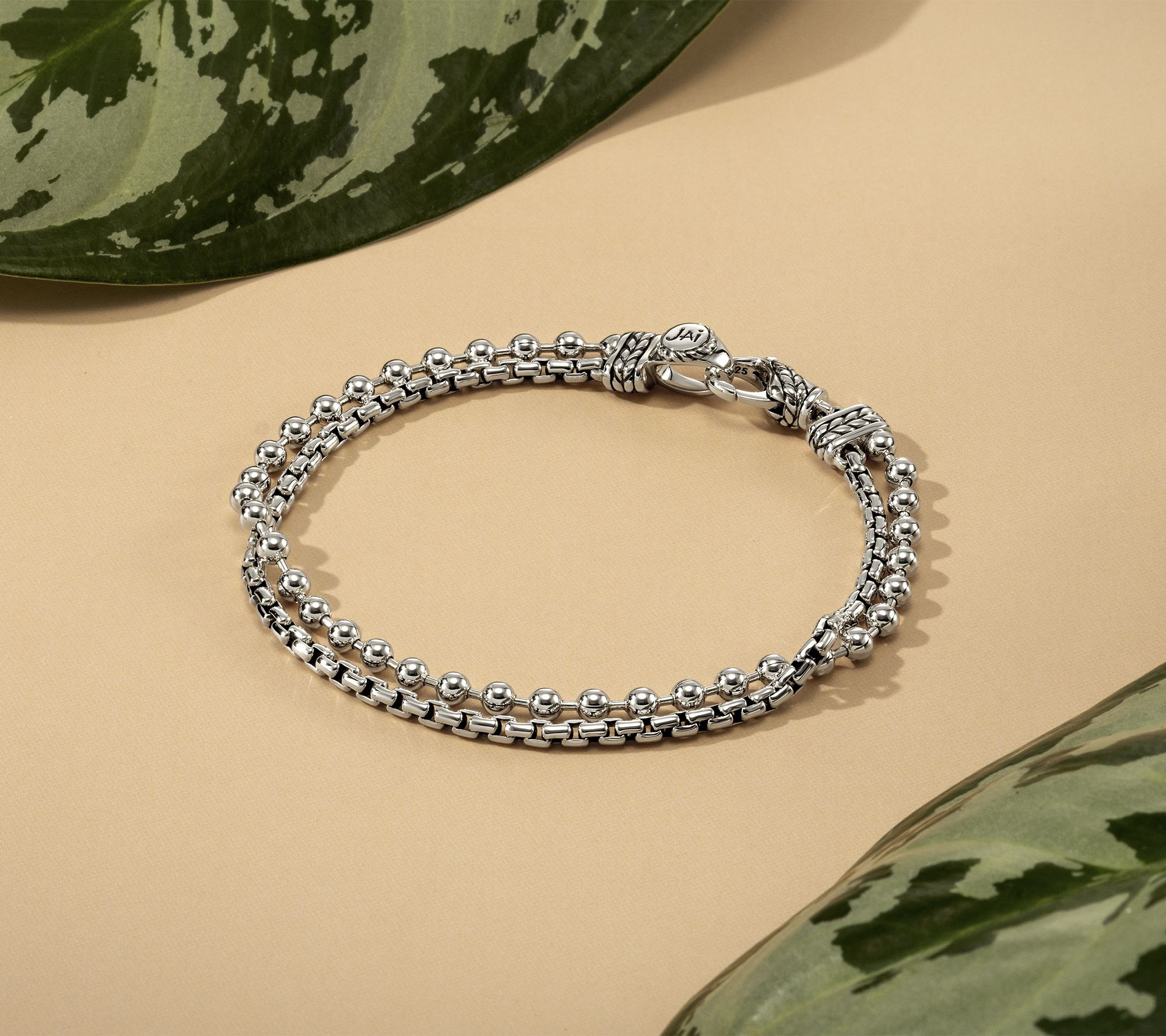 JAI Sterling Silver 2.7mm Box Chain & Bead Chain Bracelet, 9.5g