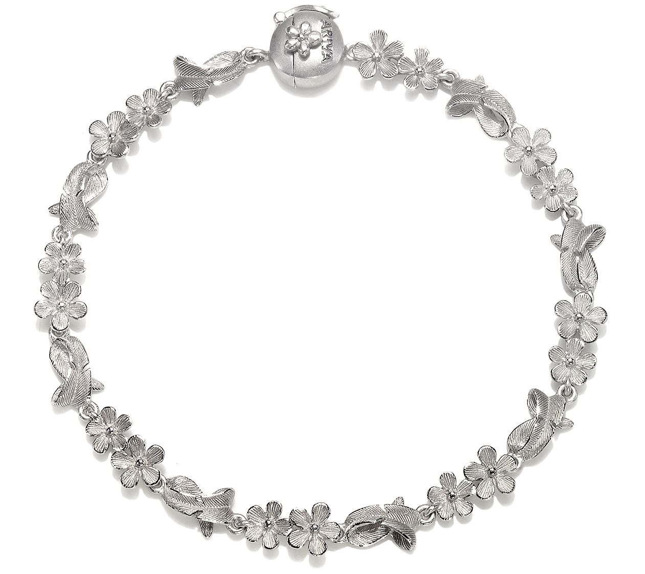 Ariva Sterling Silver Textured Flower & Leaf Link Bracelet