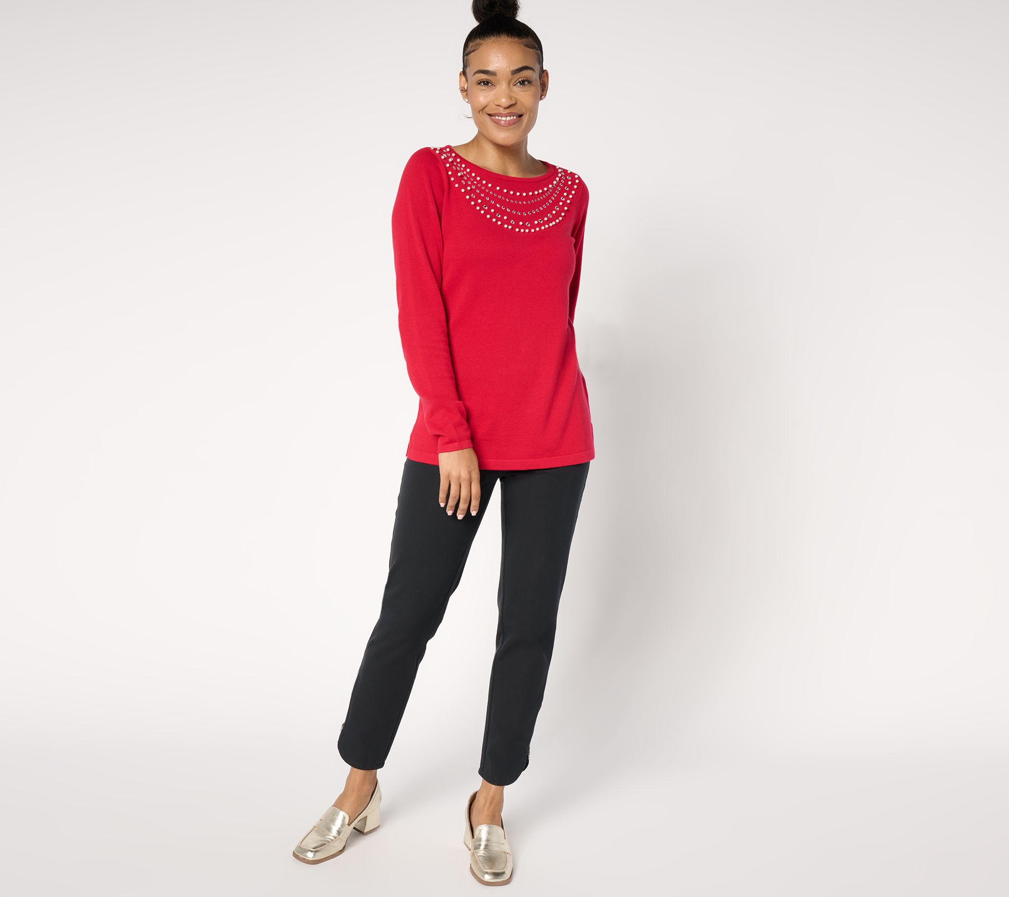 Quacker Factory Pearl and Rhinestone Necklace Long Sleeve Sweater