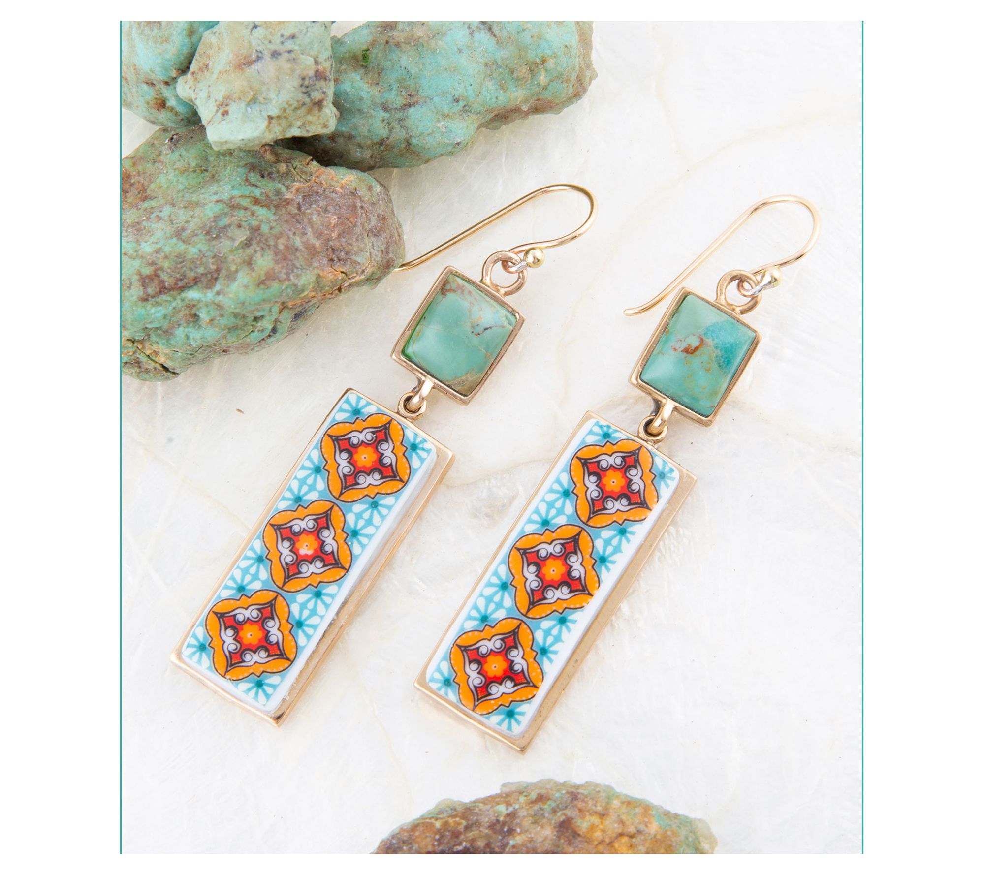 Barse Artisan Crafted Blue Turquoise Tile Dangle Earrings