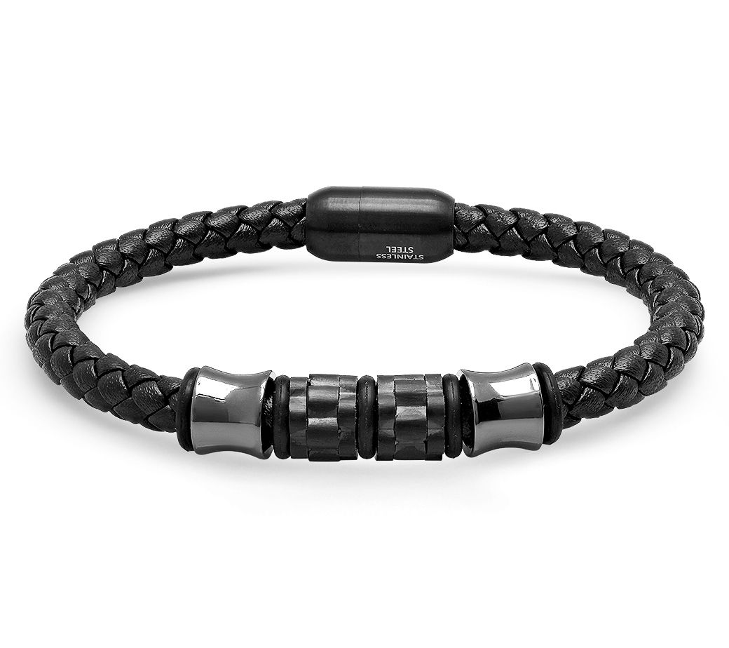 Steel By Design Men's Black IP Braided LeatherBracelet