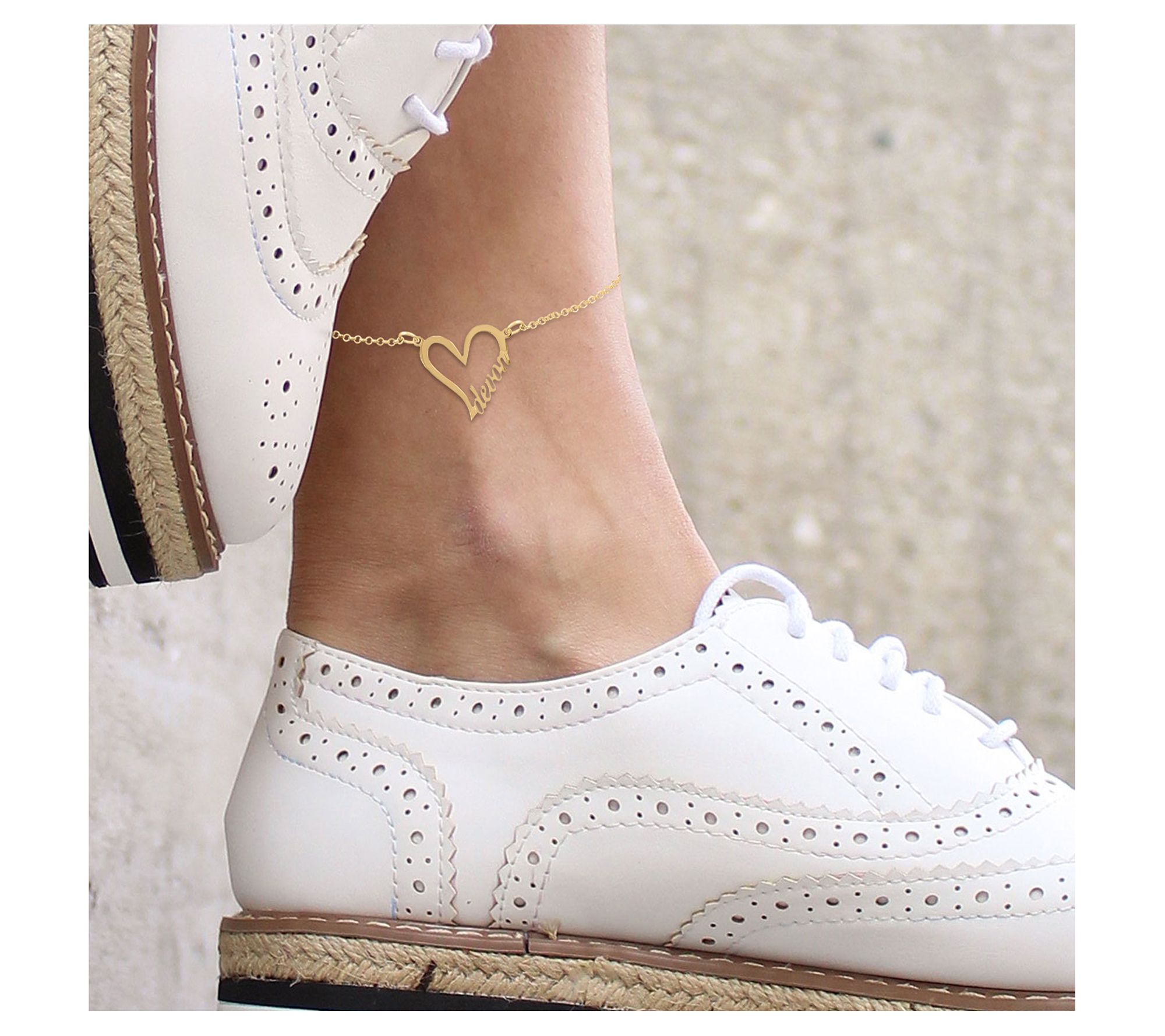 Personalized 14K Gold-Plated Heart w/ Name Ankle Bracelet