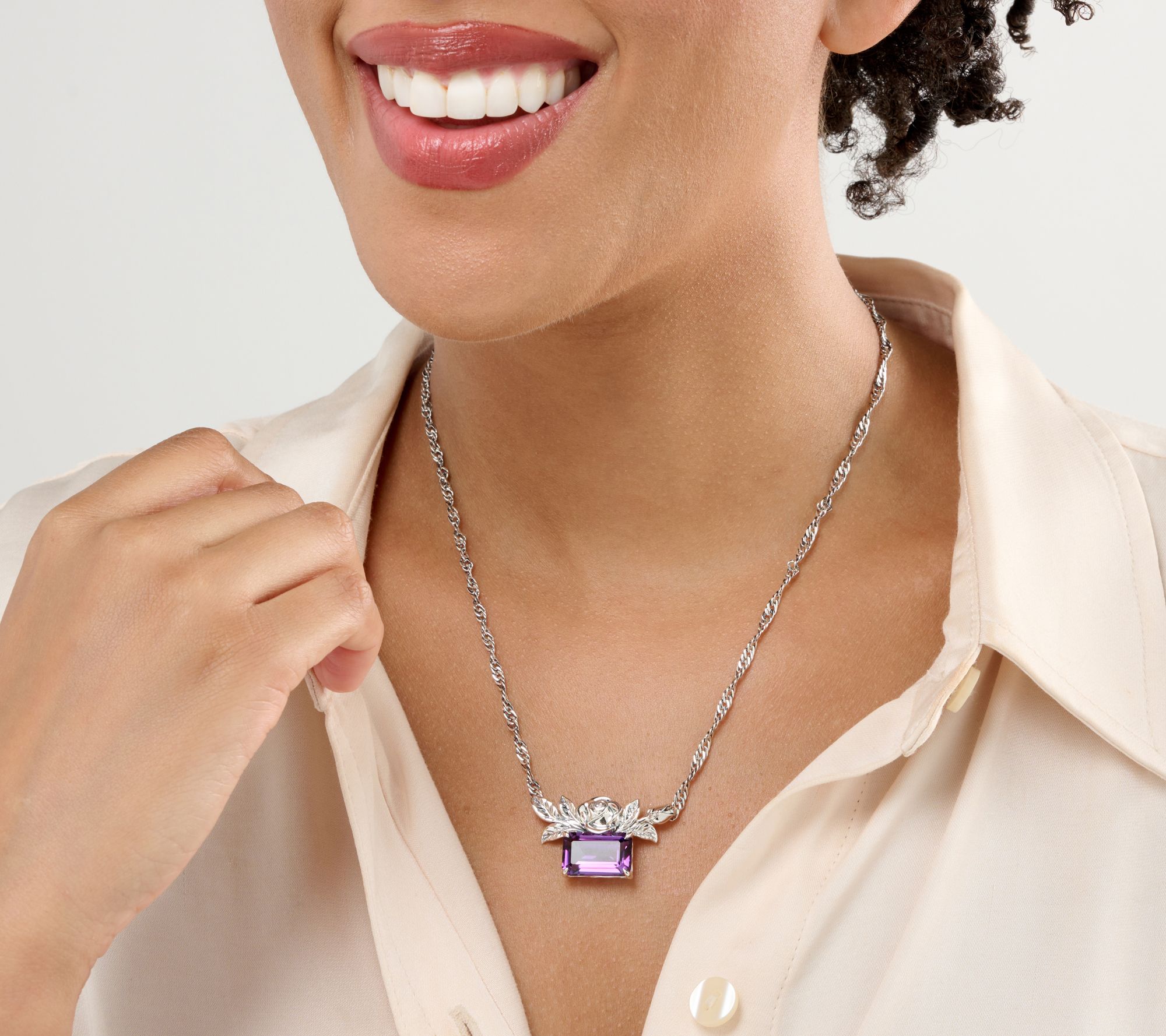 Third Person Sterling Emerald Cut Gemstone Rose Necklace