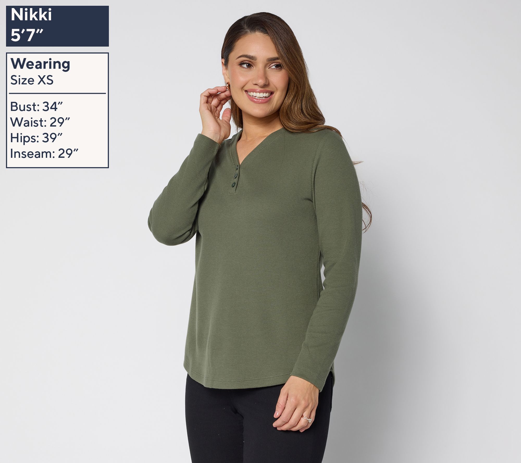 Denim & Co. Essentials Waffle Knit Y-Neck Henley Top