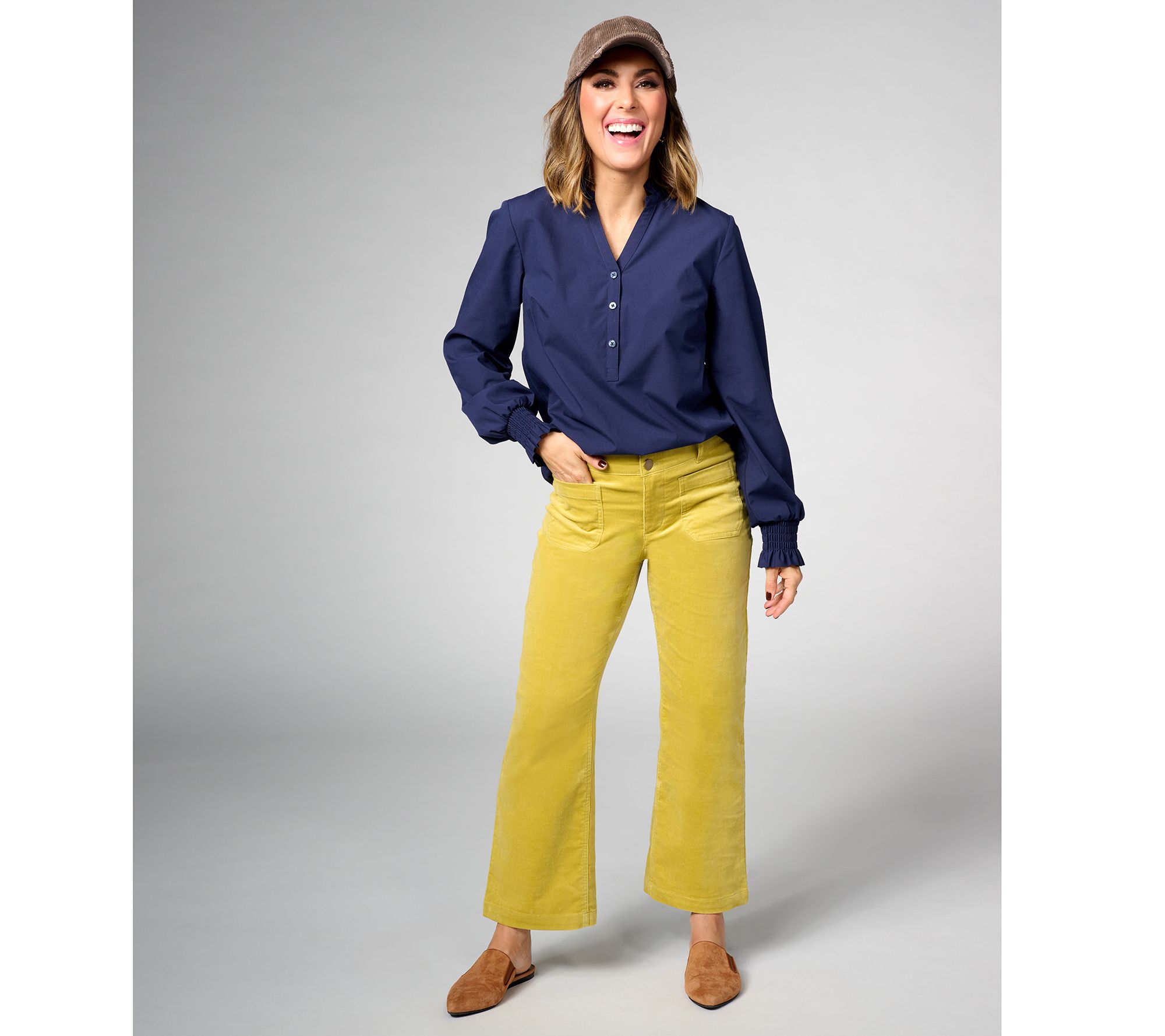 Studio Park x Amy Stran Ruffle Collar Smocked Cuff Henley Shirt