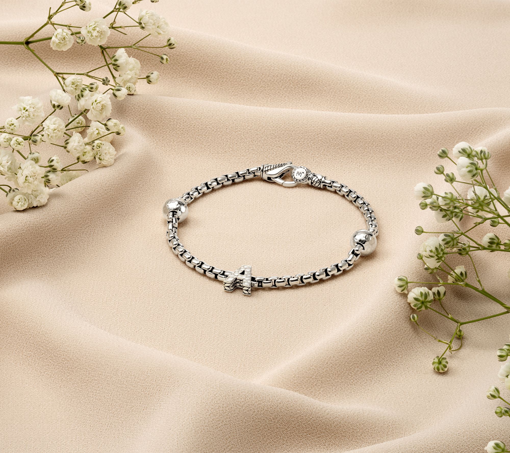 JAI Sterling Silver Initial & Bead 3.7mm Box Chain Bracelet, 11.8g