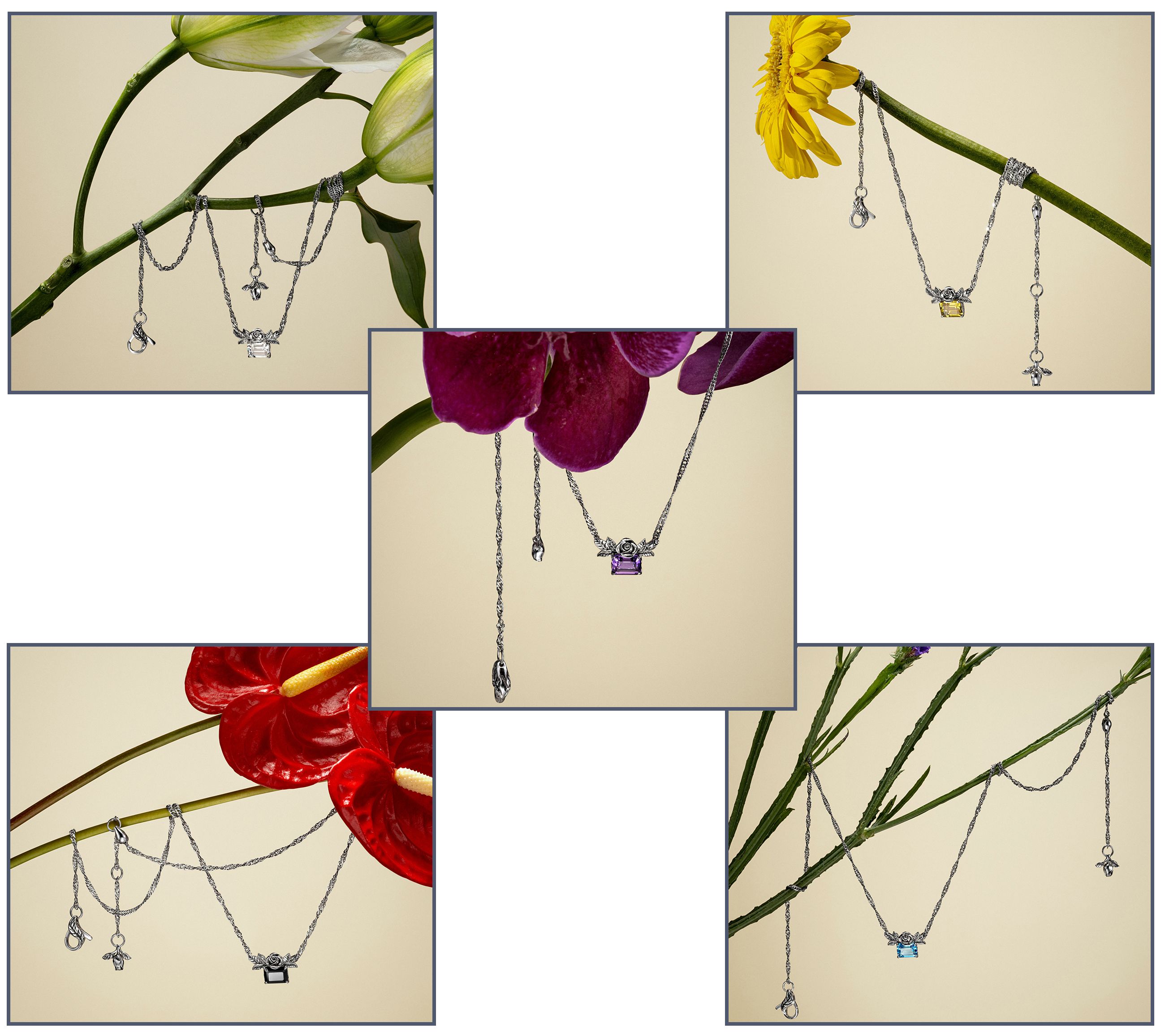 Third Person Sterling Petite Emerald Cut Gemstone Rose Necklace