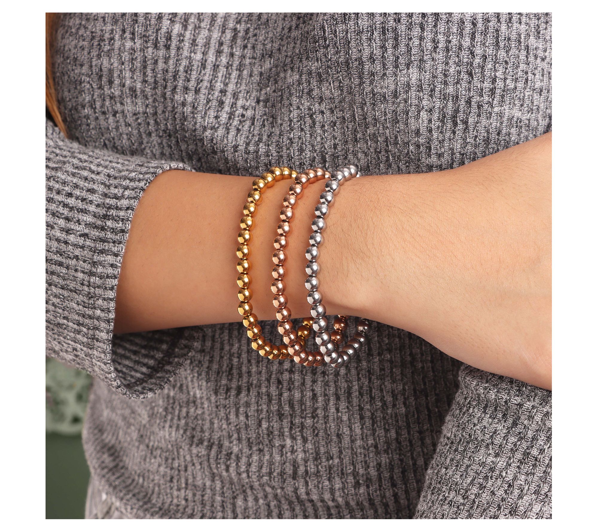 Steel by Design Set of 3 Polished Bead StretchBracelets