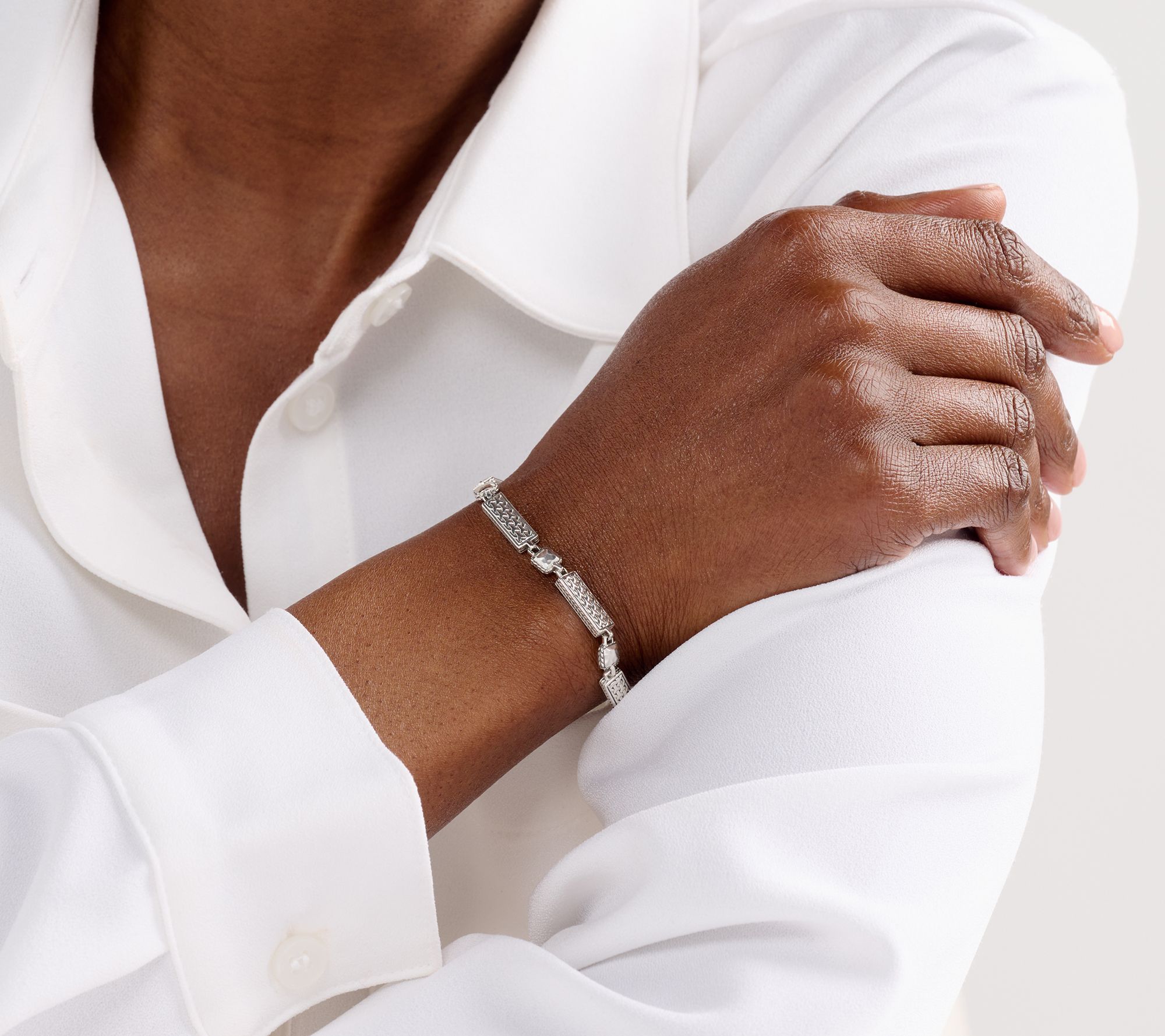 JAI Sterling Silver Crane and Hammered Link Bracelet, 18.4g