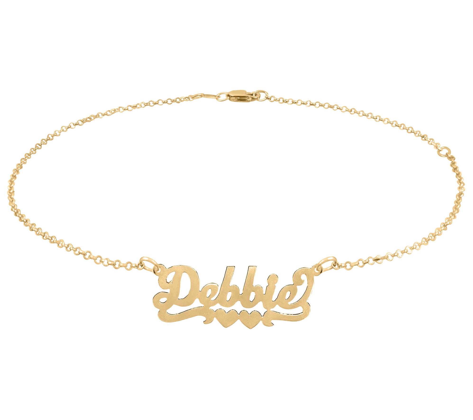 14K Gold Plated Script Name Double Heart Ankle Bracelet