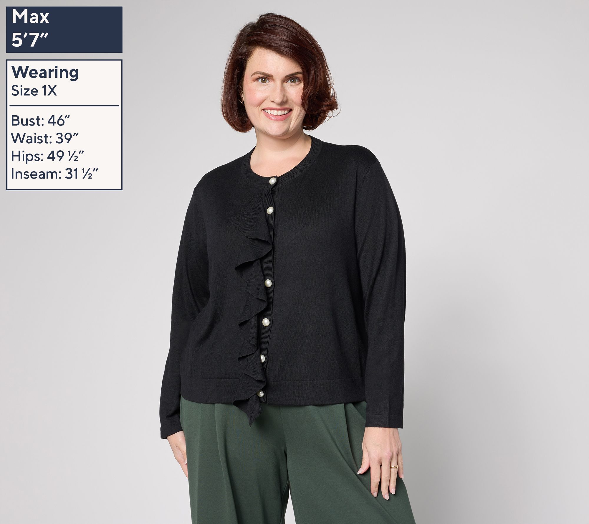 by Stacy London Ruffle Cardigan with Faux Pearl Buttons