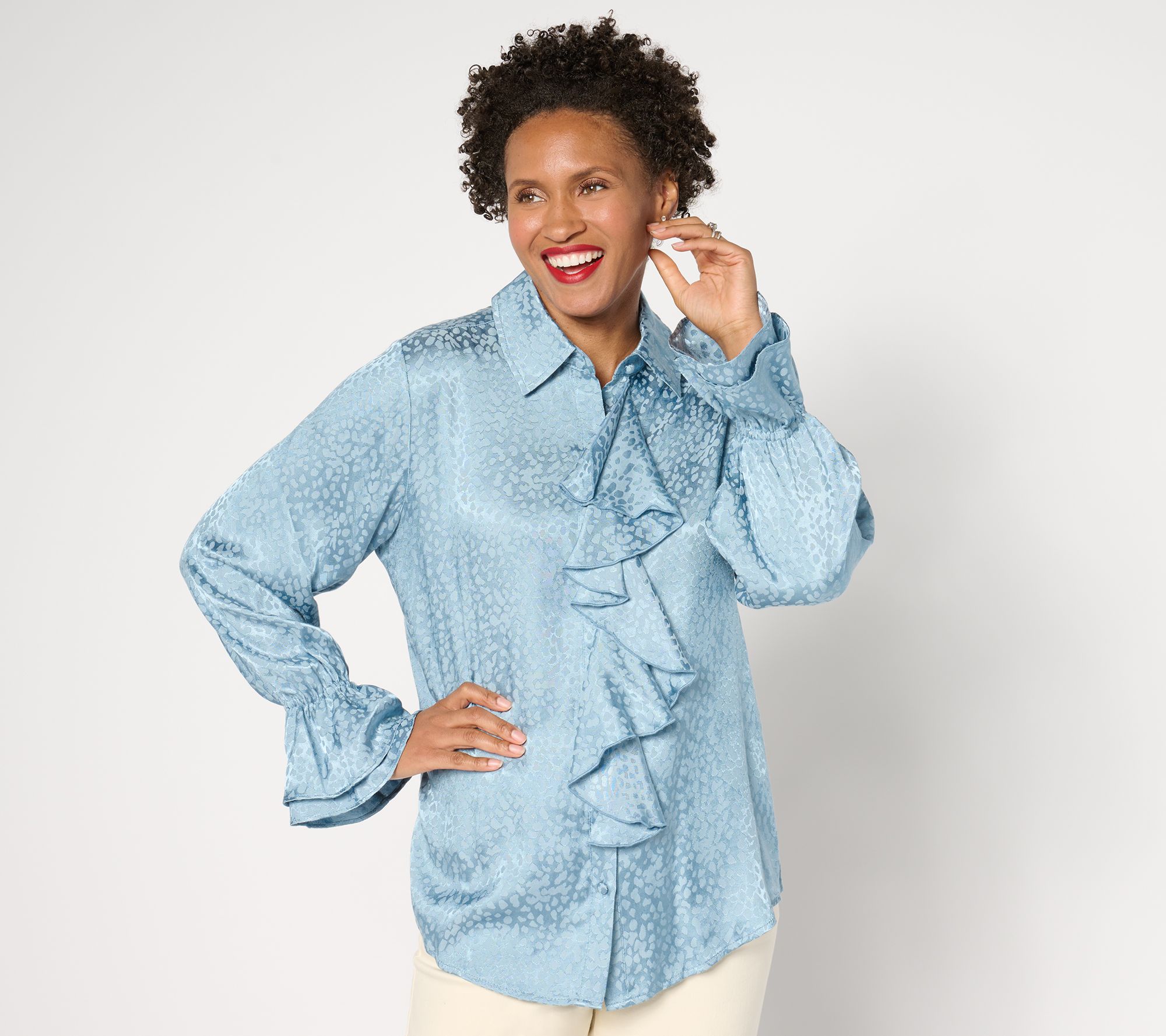 Dennis Basso Textured Jacquard Blouse with Ruffles