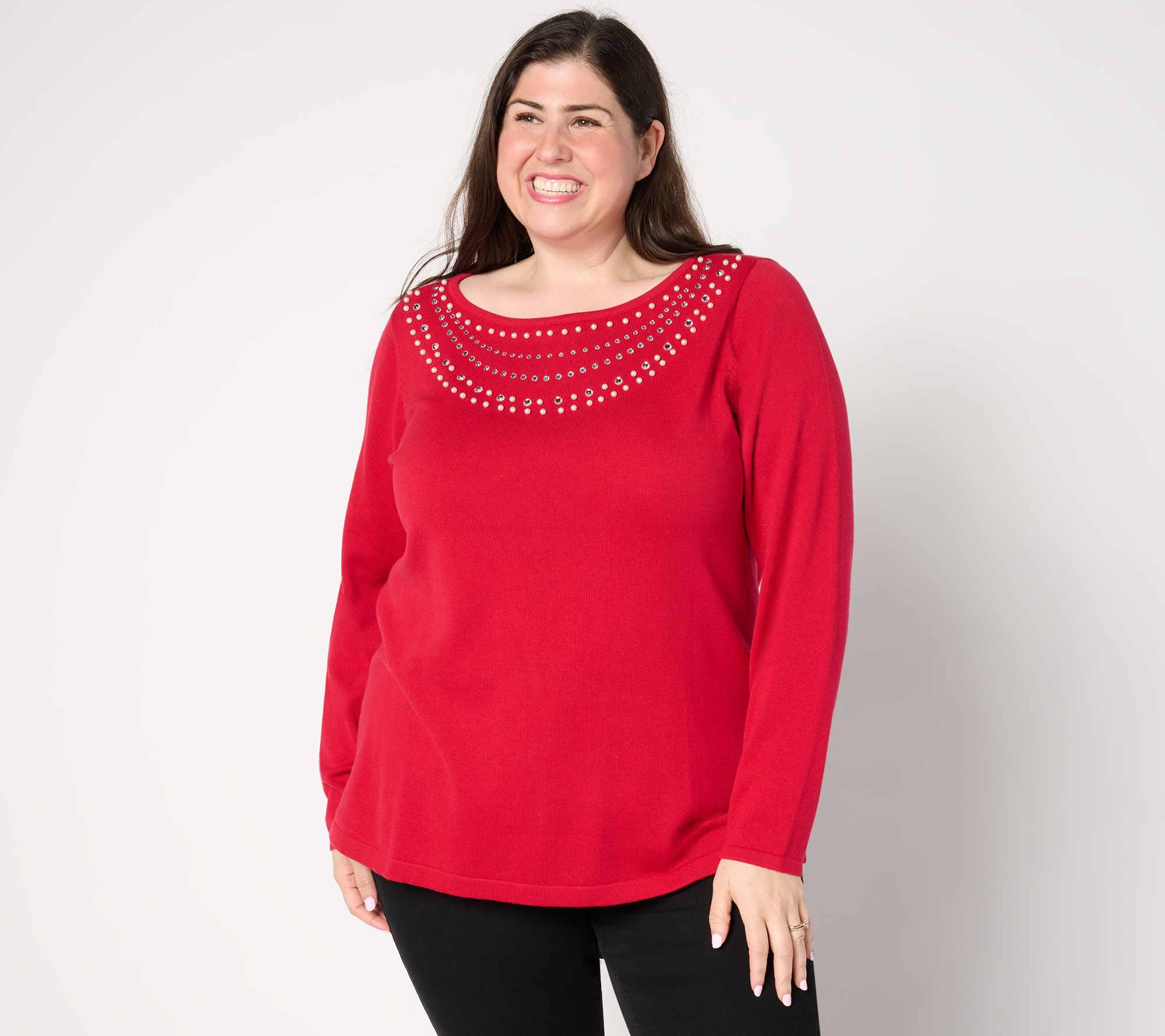 Quacker Factory Pearl and Rhinestone Necklace Long Sleeve Sweater