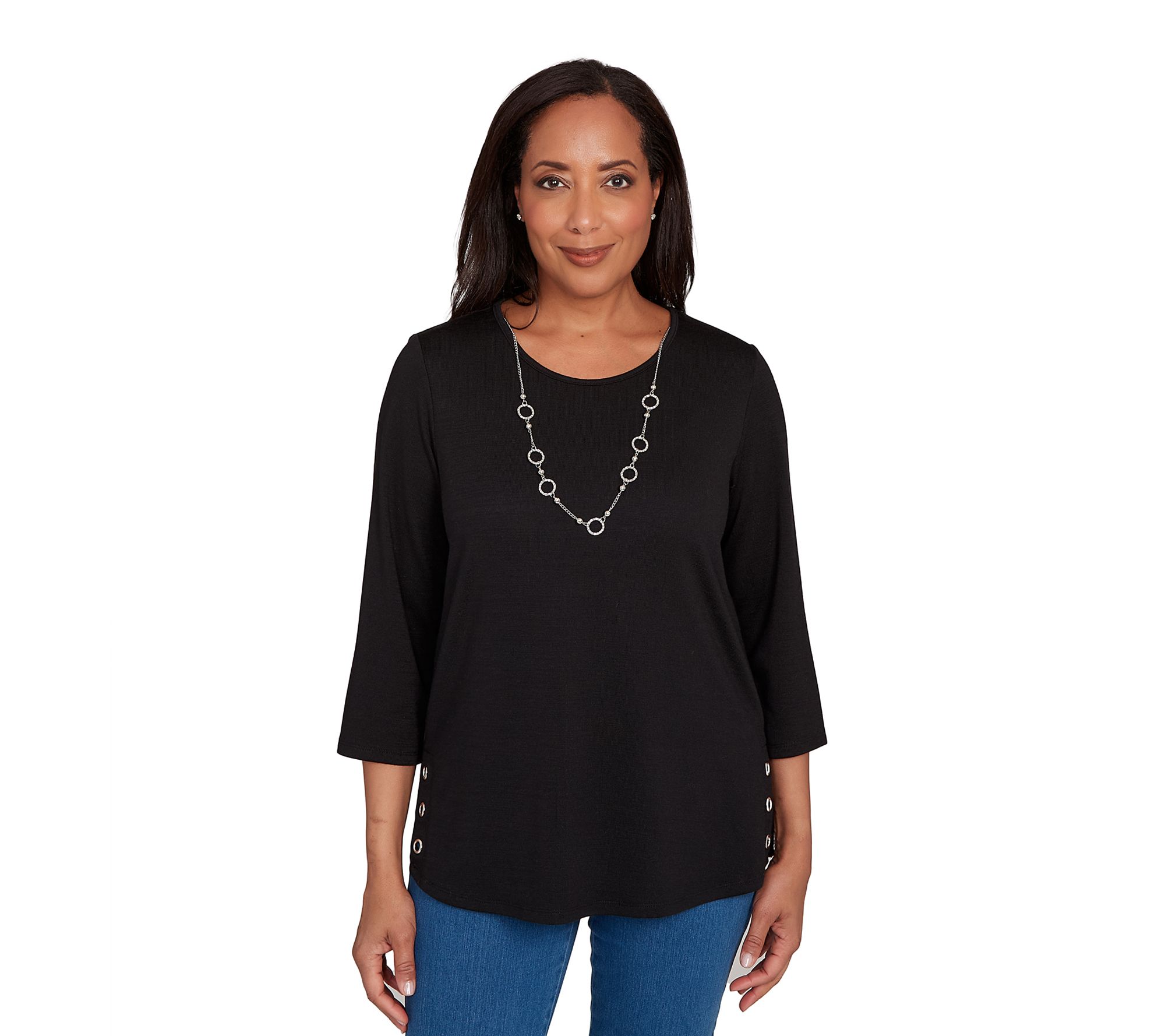 Alfred Dunner Melange Side Button Top with Necklace