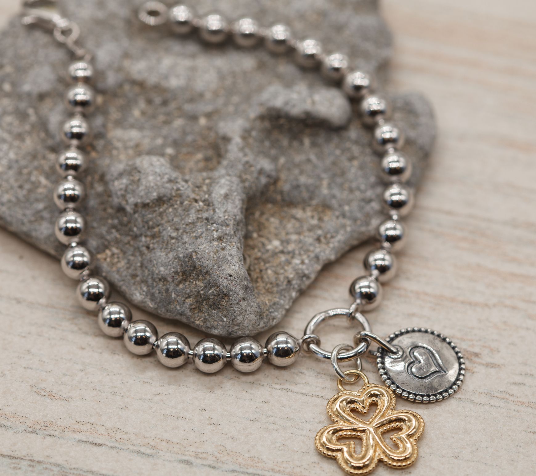 Or Paz Sterling Silver Beaded Clover & Heart Charm Bracelet
