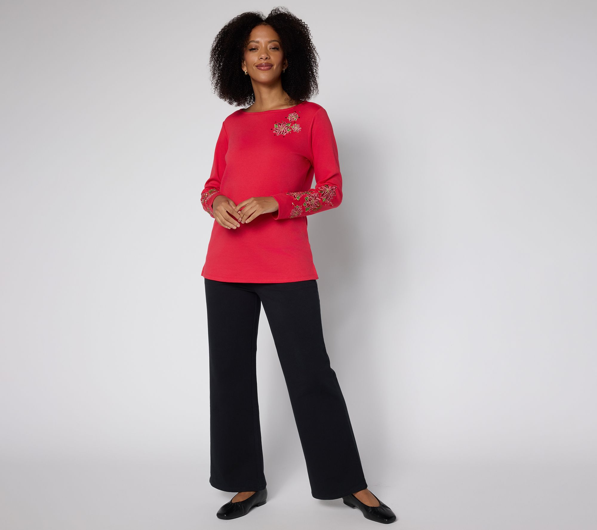 Quacker Factory Poinsettia Floral Bateau Long Sleeves Top