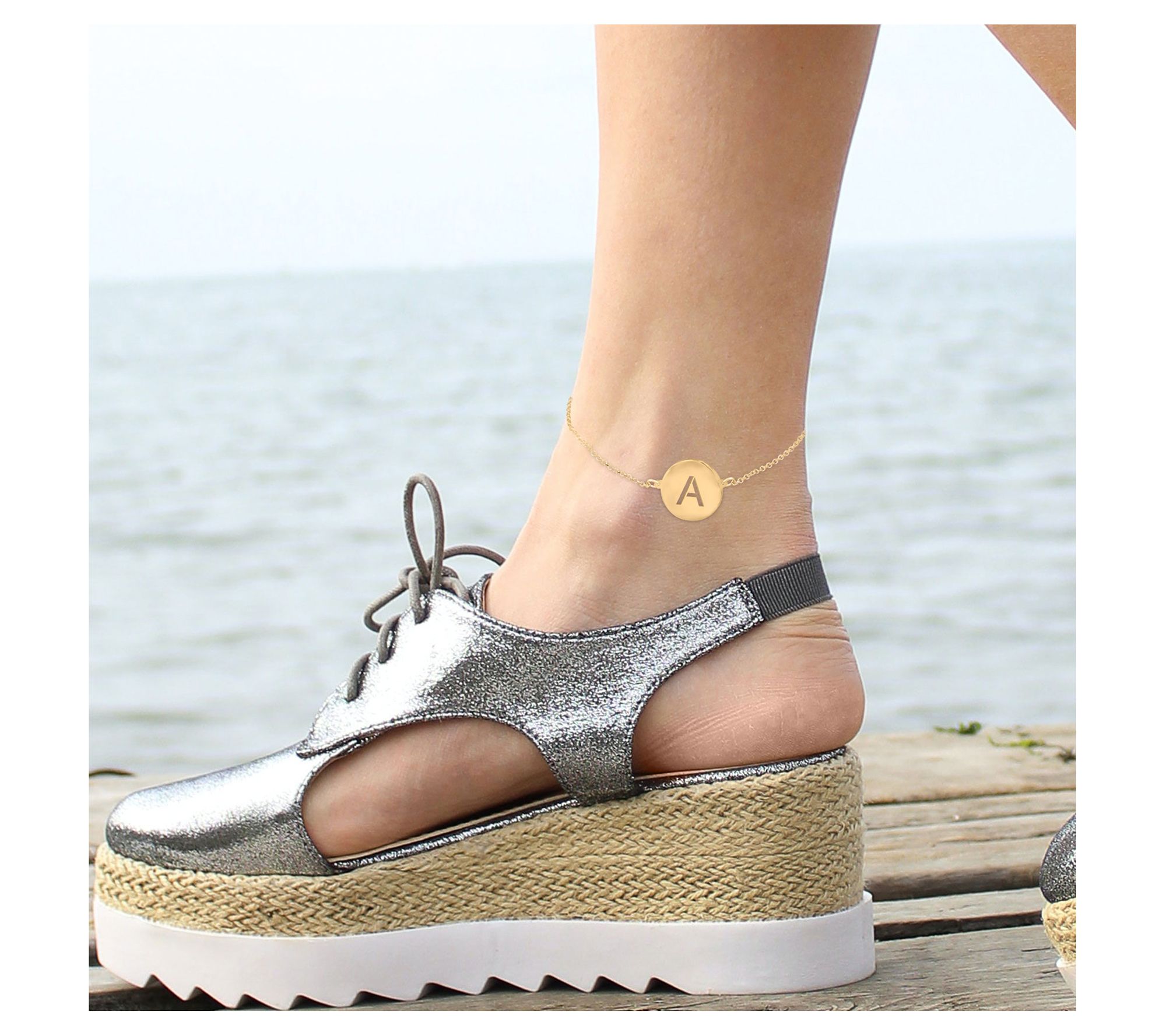 Personalized 14K Gold Plated Round Initial Ankle Bracelet