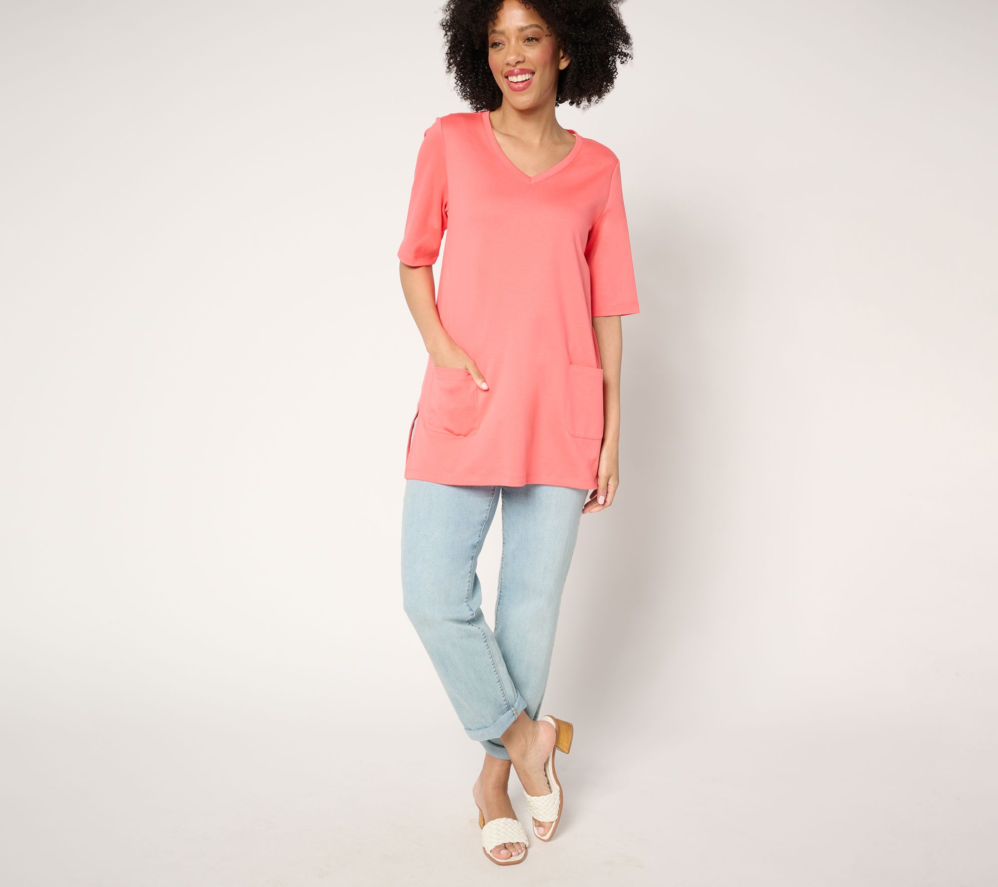 Isaac Mizrahi Live! Essentials Pima Cotton V-Neck Top w/ Slits