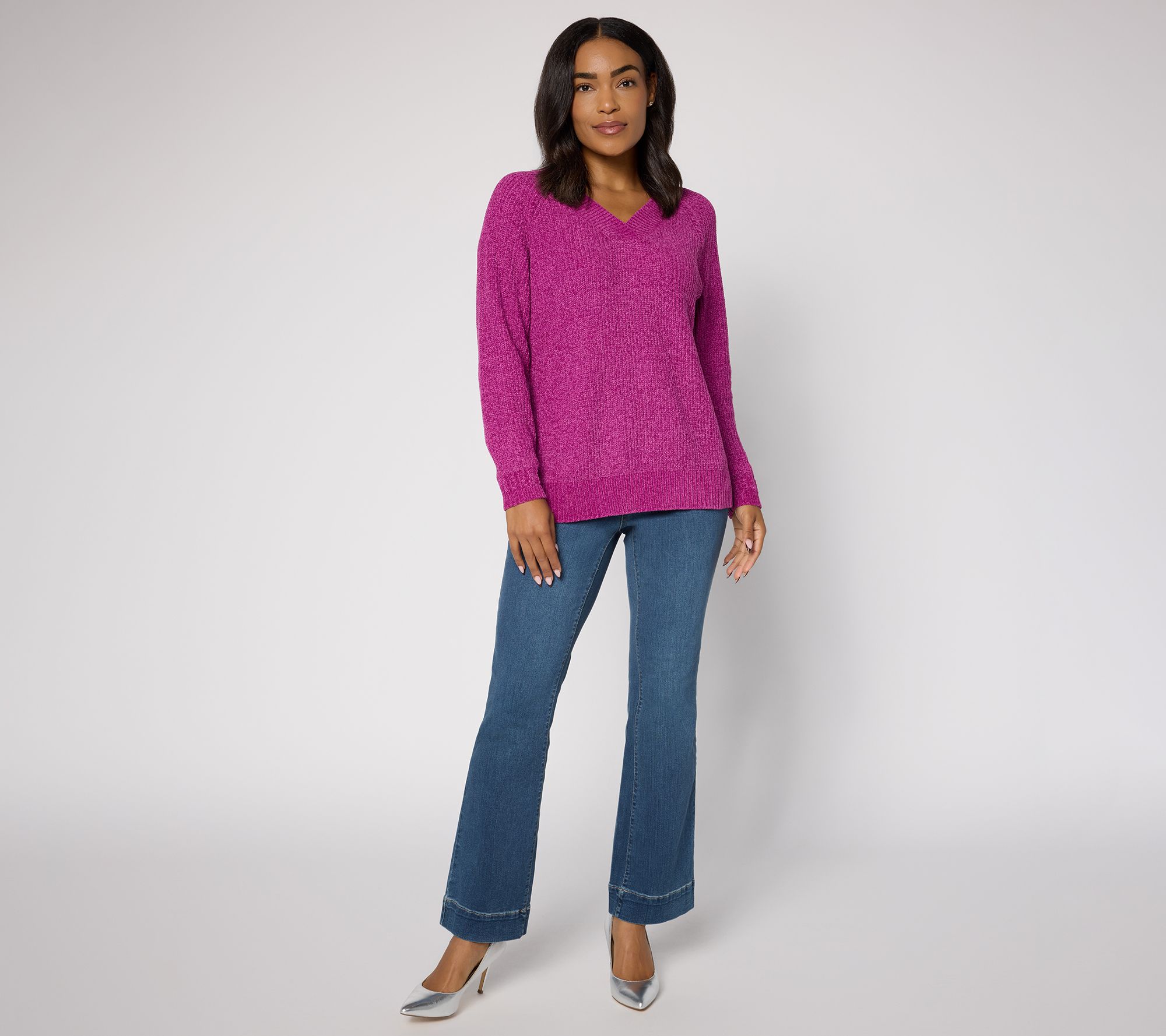 Belle by Kim Gravel Chenille Shaker Knit V-Neck Sweater