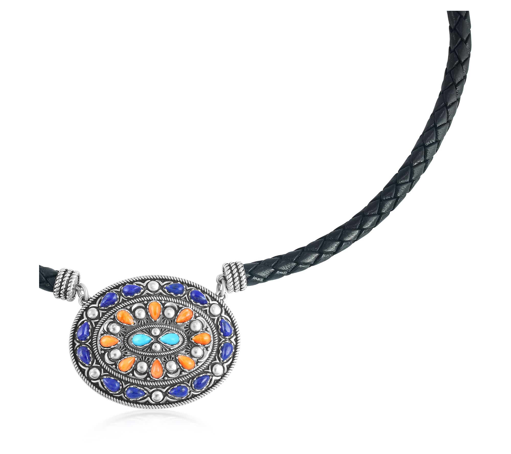 American West Sterling Oval Gemstone Leather Necklace