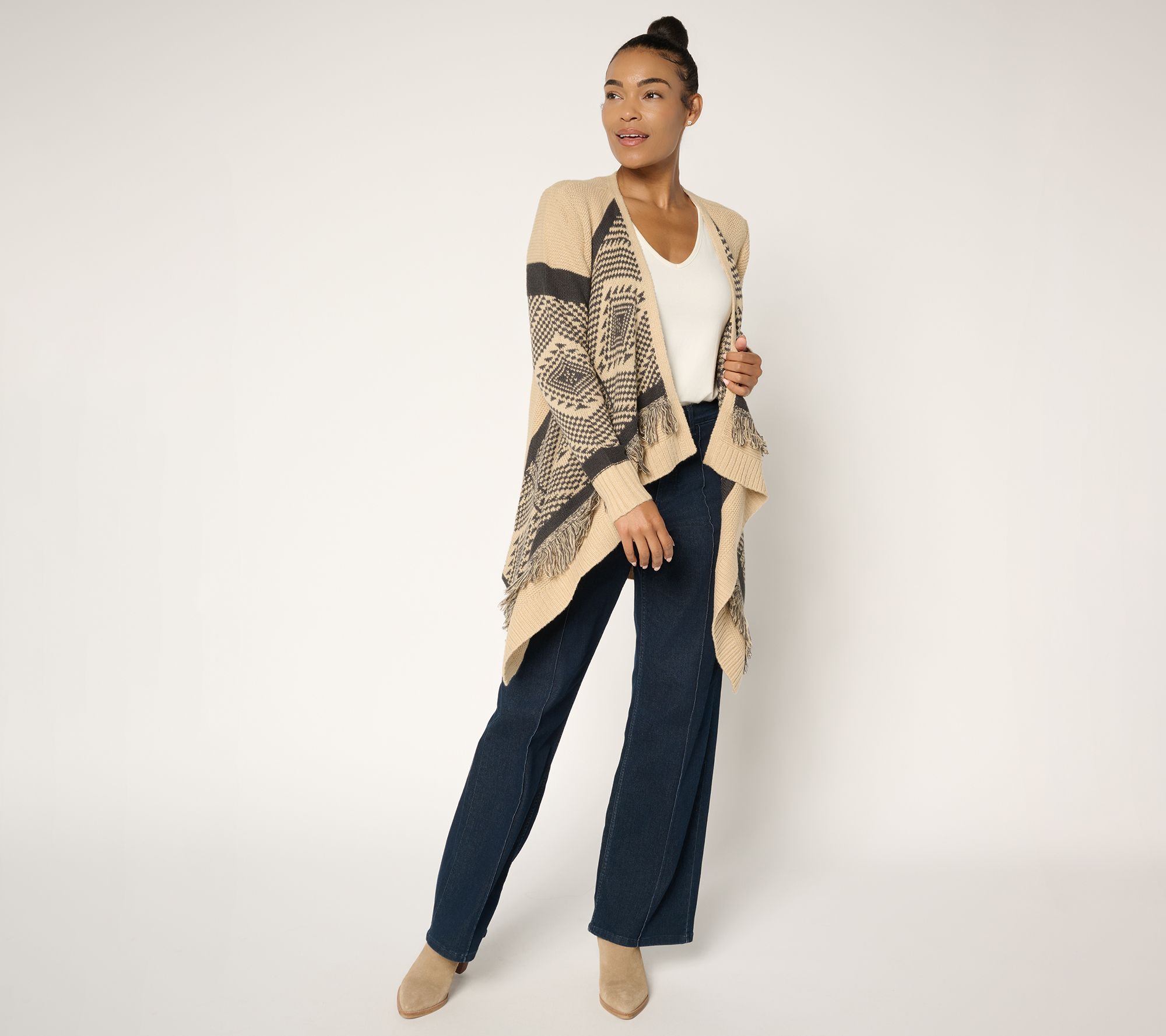 Denim & Co. Canyon Retreat Drape Front Cardigan with Fringe