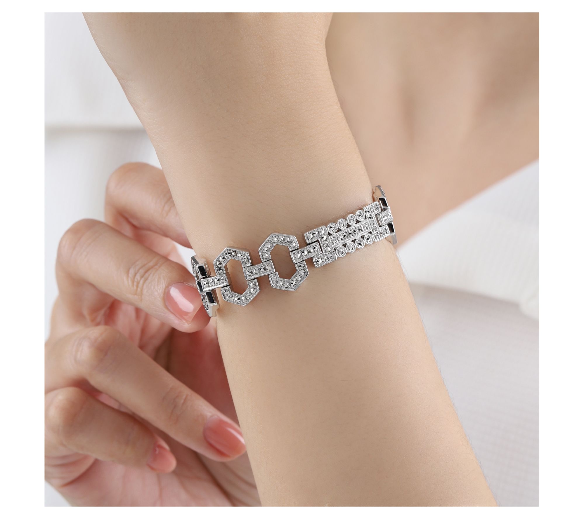 Dallas Prince Sterling Chrome Marcasite Fancy Link Bracelet