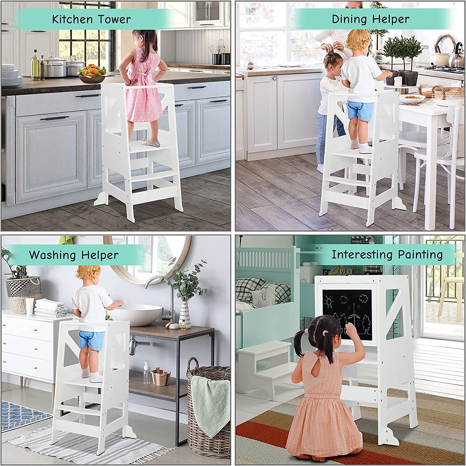 JOYMOR Step Stool for Kids and Toddlers with Adjustable Standing Platform, Chalkboard, Step Tower for Kitchen Counter, Mothers' Helper Kids Learning Stool, White